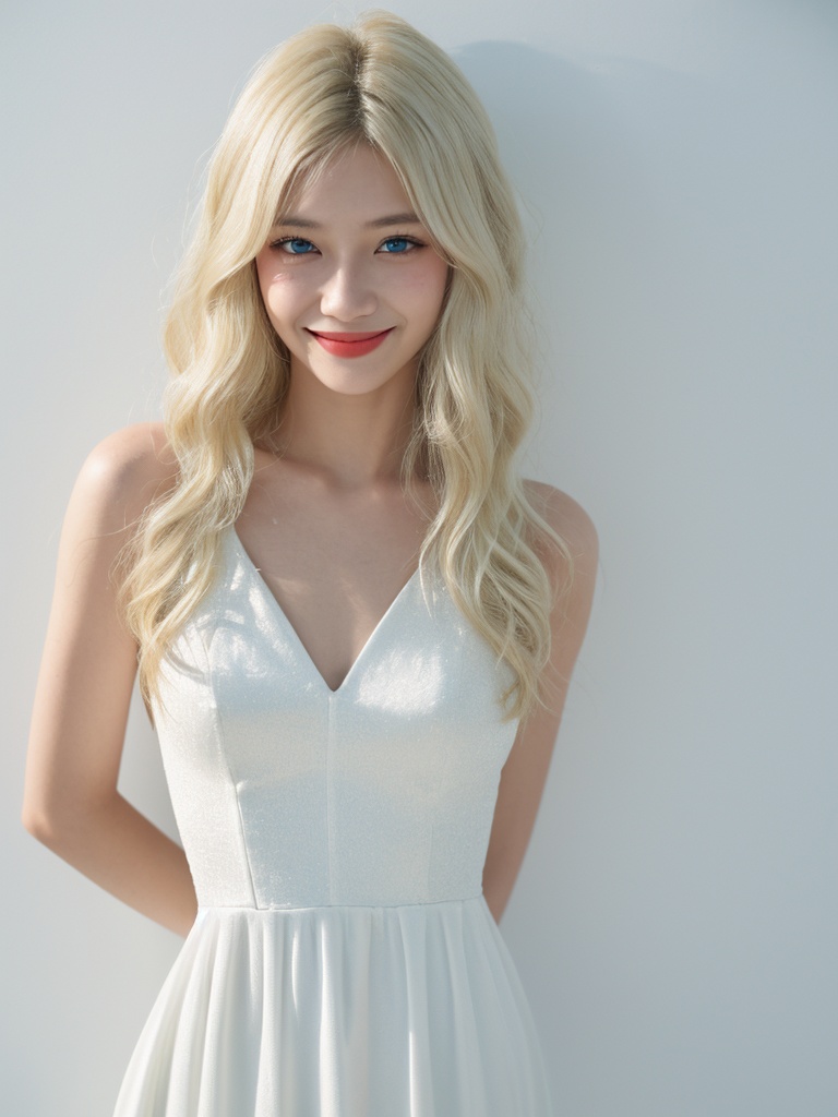 shaonv,solo,1girl,lips,realistic,black hair,black eyes,(cowboy_shot:1.2),smile,polaroid,dress,white long dress,,white female,blue eyes,blonde hair,<lora:hyshaonvlora001:0.6>