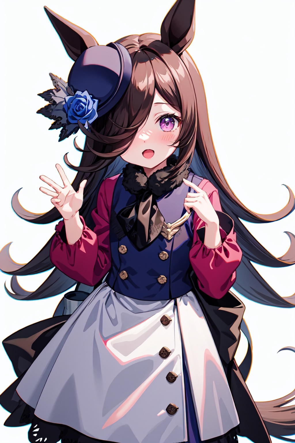 rice_shower_(umamusume),horse_girl,1girl,solo,hair_over_one_eye,horse_tail,open_mouth,blush,looking_at_viewer,blue_rose,hat_flower,tilted_headwear<lora:rice_shower_(umamusume):1>,simple background,white backgroundmasterpiece,best quality, highly detailed, 