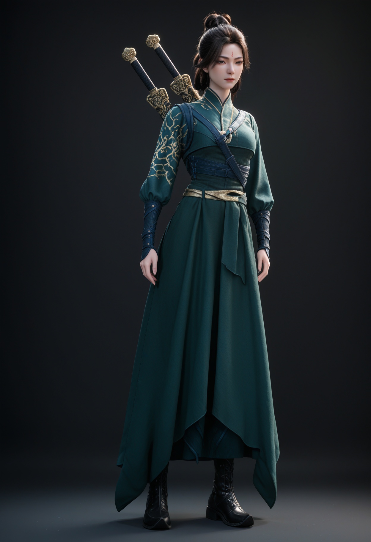 (standing full_body:1.1),(score_9:1.2),(score_8_up:1.2),(top quality, 8k wallpaper:1.1),(masterpiece:1.1),(best quality:1.2),(intricate details),8k,1girl,facing viewer,(looking at viewer:1.1),<lora:YQ_pony_wentianren_shinv_V4:0.92:lbw=1,1,1,1,1,1,1,1,1,0.8,0.8,0.1>,q1528437228,1girl,solo,black hair,long hair,chinese clothes,forehead mark,weapon,sword,weapon on back,sword on back,long sleeves,hair bun,sword behind back,blue eyes,black eyes,boots,sheath,brown hair,jewelry,brown eyes,black footwear,hair rings,BREAK(score_9:1.2),(score_8_up:1.2),masterpiece,best quality,very aesthetic,perfect anatomy,(hourglass),perfect face,(simple background,pure black background,black background:1.1),fair_skin,(shiny_skin:1.1),Ivory_skin,