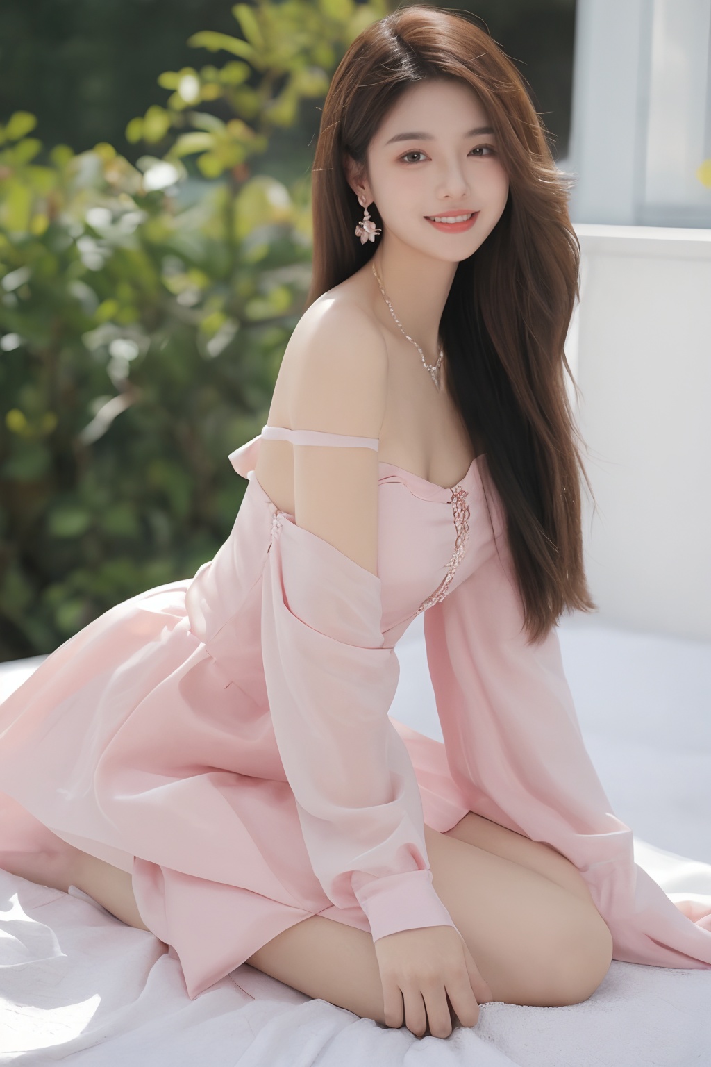 1girl,dress,flower,solo,brown hair,pink dress,sitting,rose,plant,(long hair:1.3),blurry,bare shoulders,pink flower,jewelry,pink rose,necklace,depth of field,off-shoulder dress,parted lips,off shoulder,breasts,looking at viewer,collarbone,lips,vines,strapless,princess,strapless dress,blurry foreground,full body,earrings,smile, <lora:sifang_20231118123505:0.6>