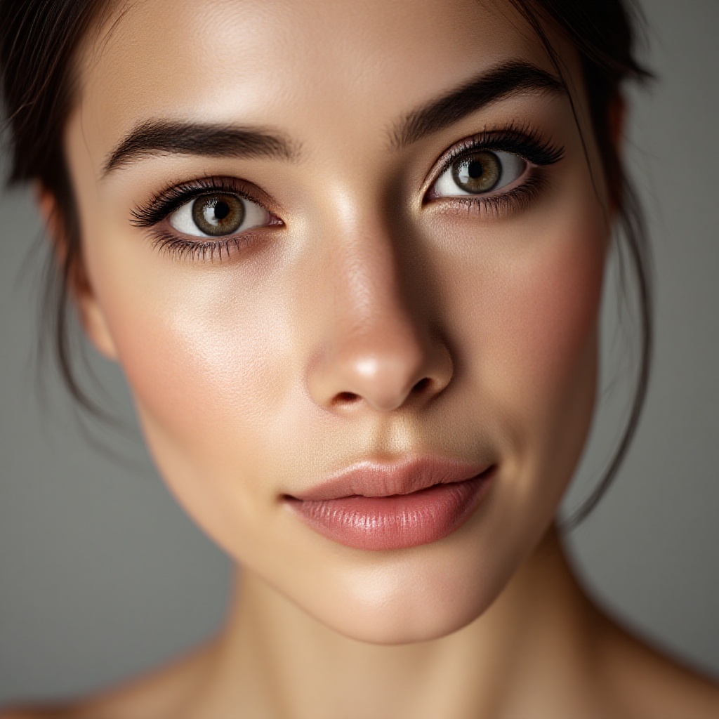 A surreal close-up portrait of a 20-year-old woman looking straight into the camera with a calm and confident expression. Smooth skin,clean skin.***** in a professional studio using Hasselblad H6D-100c,100mm f/2.2 lens,high-end editing photography,clear details,and soft directional lighting to enhance skin texture.,
