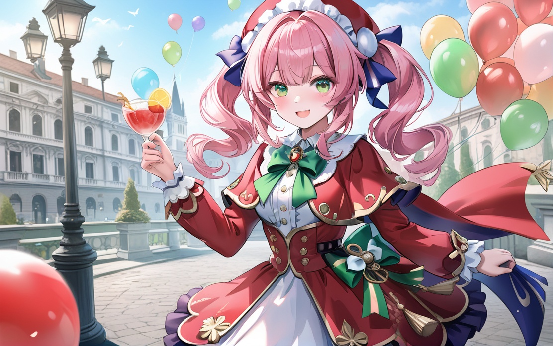 0,jw,Torino,Noyu,1girl, pink hair, balloon, green eyes, red headwear, dress, hat, twintails, open mouth, smile, looking at viewer, solo, bird, bow, outdoors, long sleeves, bangs, blush,(UHD),anatomically correct,ccurate,textured skin,super detail,high details,award winning,best quality,high quality,retina,16k,HD,1080P,8k,