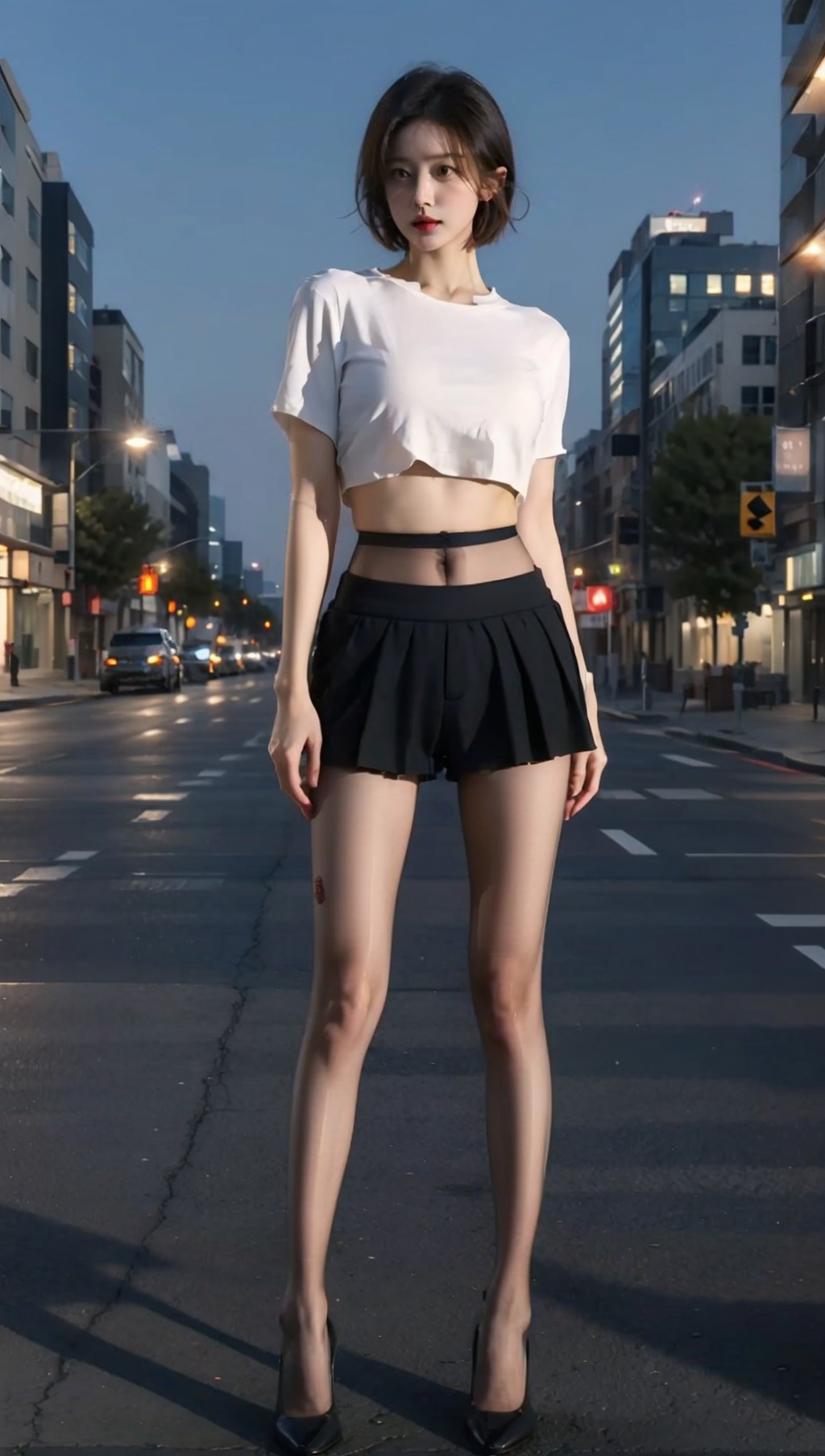 ((masterpiece)),best quality,perfect anatomy,8K wallpaper,mWaistSilk,1girl,pantyhose,white shirt,short hair,crop top,full body,standing on street,night,<lora:mWaistStockings:0.8>,