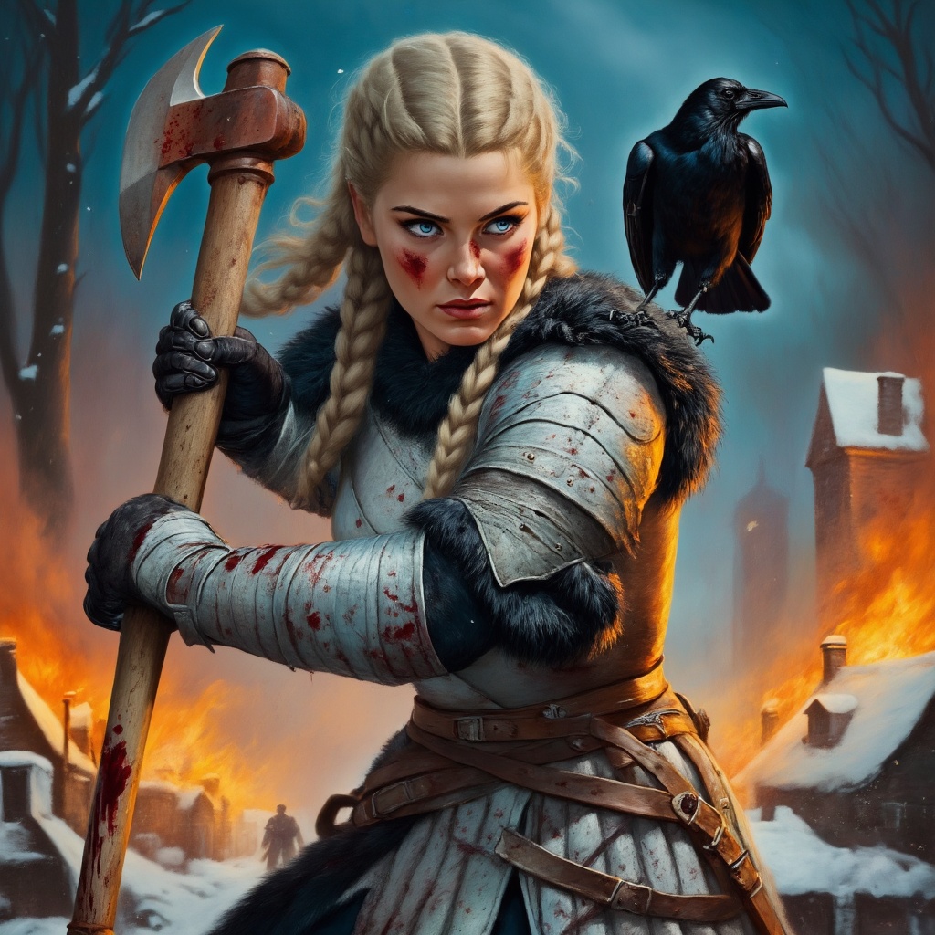 A vivid portrayal of a battle experienced female nordic warrior in a dynamic pose,  wielding a large rusty nordic batteaxe...