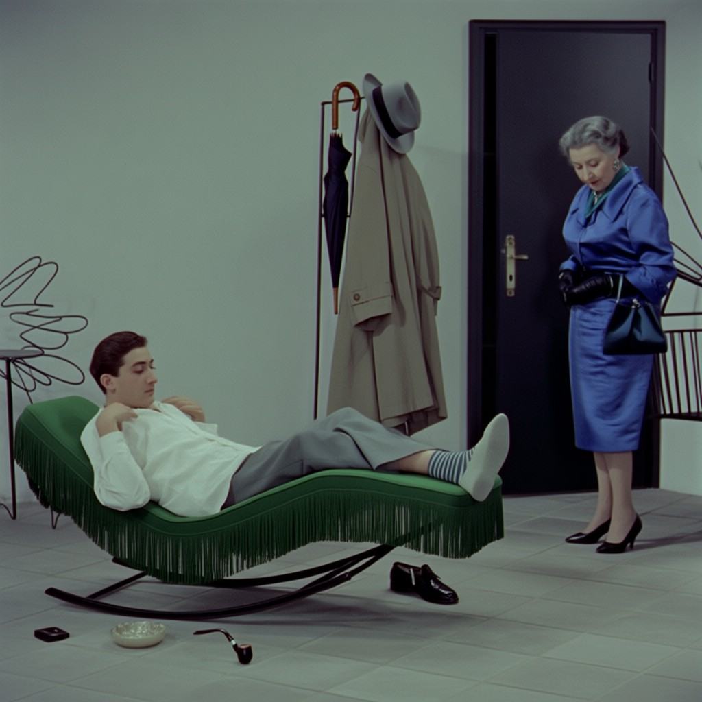 a jacques_tati movie still of a subtly lit,  modern room featuring a young man reclining on a distinctive green rocking ch...