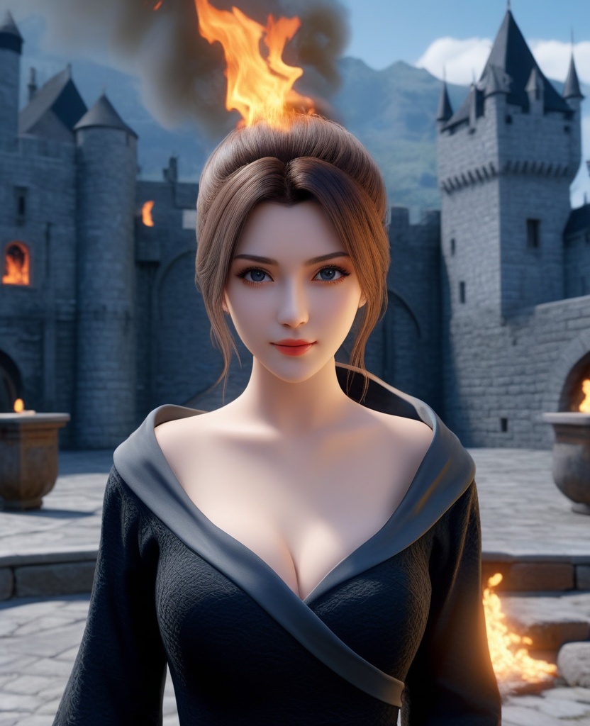 <lora:577-DA-XL-斗破苍穹-云韵-黑服:0.8>(,1girl, ,best quality, ),looking at viewer,ultra detailed background,ultra detailed background,ultra realistic 8k cg, ,masterpiece, (( , )),     ,castle,     pyrokinesis,  (cleavage), (),