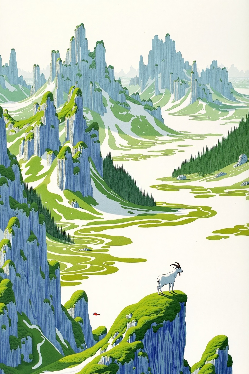 beijihui,A painting of a mountain goat standing on a cliff. The mountain goat is facing the right side of the frame. The goat's head is turned towards the left. The hill that the goat is standing on is covered in green grass. There is a body of water to the right of the mountain goat. There are green trees surrounding the mountain that are on the left and right. The mountains in the background are covered in snow. The sky is overcast and gray.,