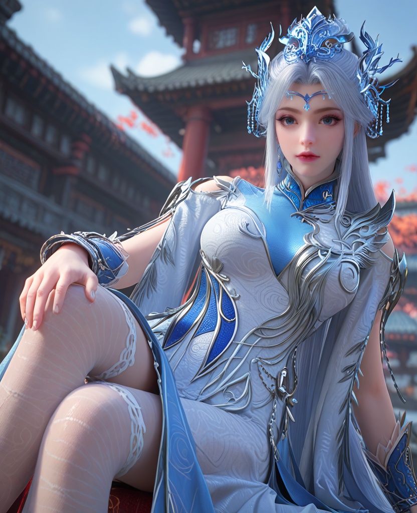 (oriental architecture, elegant decor, sophisticated style:1.1),(crossed legs:1.1),(breasts:1.2),<lora:XL百炼成神宁雨蝶大奶宗主:0.95>,miss ningyudie,white dress,blue eyes,eyelashes,mole under right eye,white hair,long hair,hair ornament,sidelocks,earrings,bracer,shawl sleeves,pelvic curtain,lace stockings,, zPDXL2, score_9, score_8_up, score_7_up BREAK realistic, masterpiece,best quality, highly detailed,, zPDXL3, zPDXL2,zPDXL, zPDXLxxx, zPDXLrl,