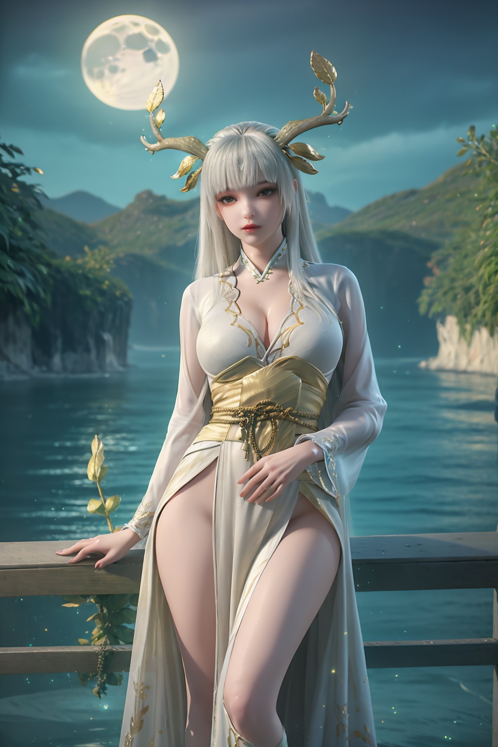 standing,dress,chinese clothes,flower,full_moon,moon,night,lily_pad,lotus,moonlight,nipples,water,night_sky,lily_\(flower\),sky,partially_submerged,1girl,solo,hair ornament,long hair,realistic,nail polish,photo_\(medium\),large breasts,cleavage,makeup,(8k, RAW photo, best quality, masterpiece:1.2),(realistic, photorealistic:1.3),ultra-detailed,extremely detailed cg 8k wallpaper,(crystalstexture skin:1.2),extremely delicate and beautiful,(sexy pose:1.2),white hair,antler,
