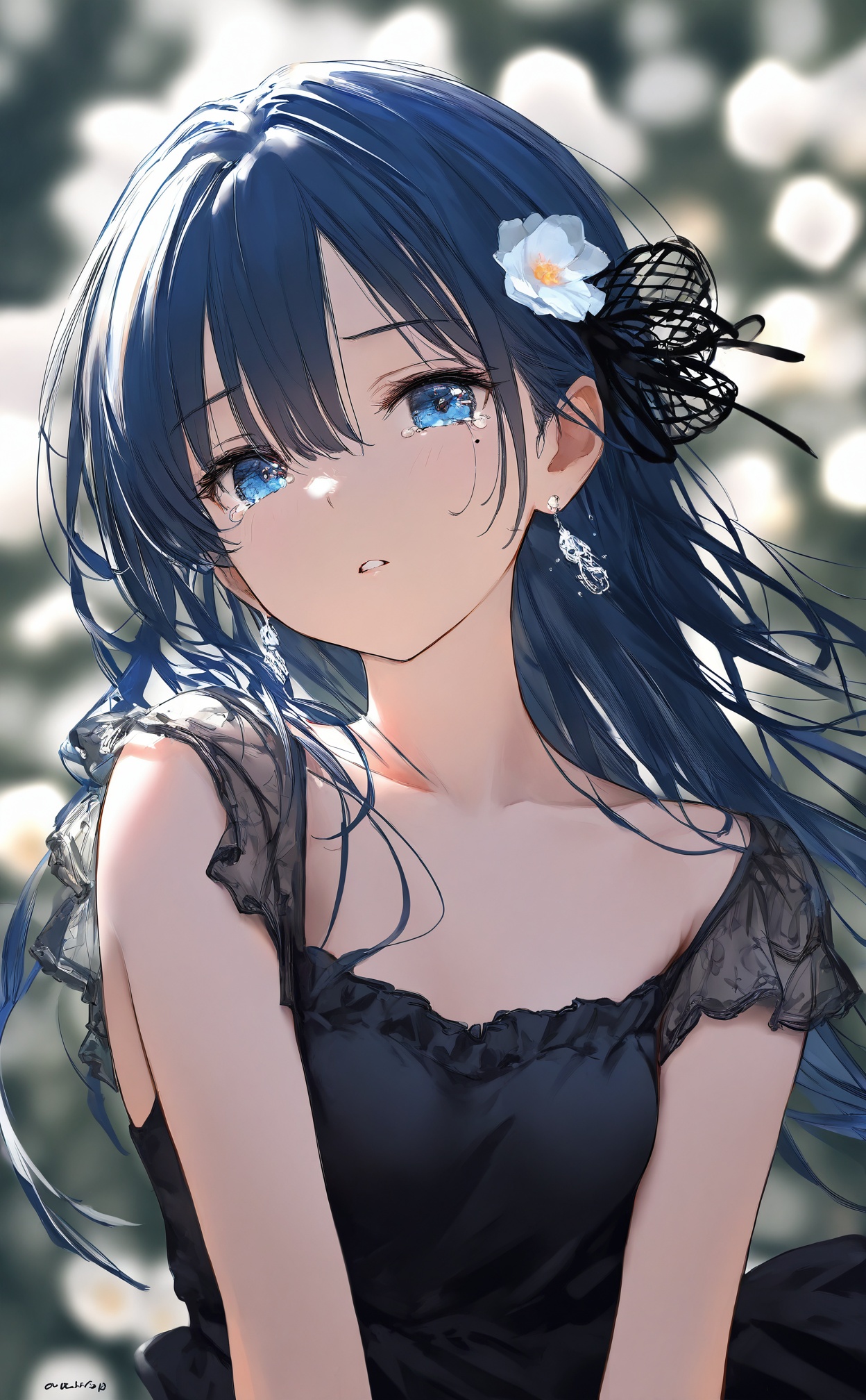 masterpiece,very awa,highres,absurdres,newest,best quality,//,1girl,solo,blue eyes,looking at viewer,long hair,blue hair,hair ornament,jewelry,upper body,bare shoulders,parted lips,earrings,hair between eyes,blurry background,blurry,sleeveless,black ribbon,breasts,hair flower,frills,tears,mole under eye,artist name,ribbon,black dress,collarbone,small breasts,dress,bare arms,black shirt,sleeveless dress,crying,depth of field,mole,flower,transparent,//,year_2023,year_2024,//,