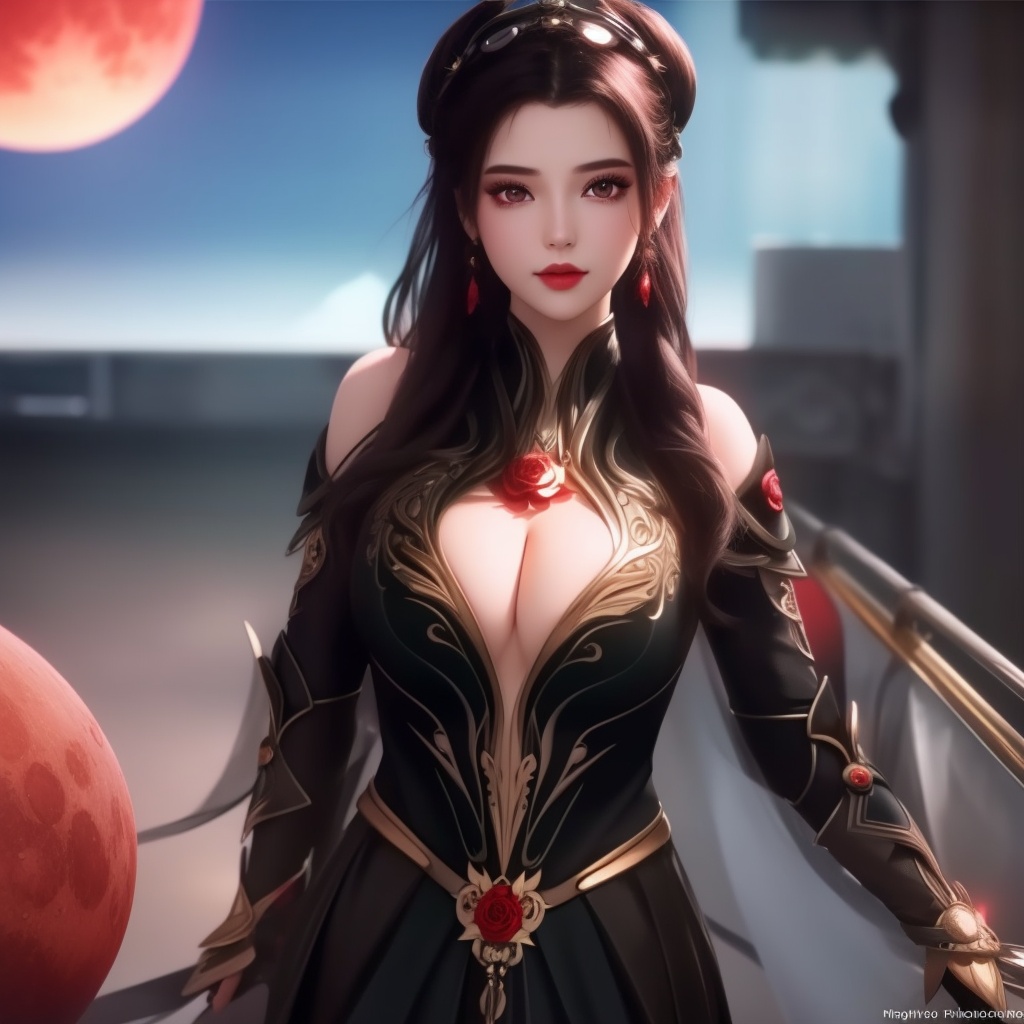 <lora:715-DA-师兄啊师兄-龙吉:0.8>(,1girl, ,best quality, ),looking at viewer,  ,,ultra detailed background,ultra detailed background,ultra realistic 8k cg,, ,masterpiece, (( , )),, ,science fiction,mole, ,    ,red moon, black rose,     (cleavage), (),
