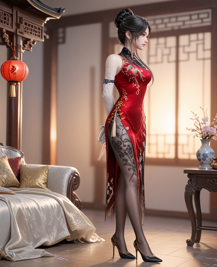 (oriental architecture, elegant decor, sophisticated style:1.1),(Standing, hands behind the back,:1.1),(breasts:1.2),<lora:XL16永劫无间顾清寒皮肤冰凌:0.95>,miss guqinghan,red china dress,brown eyes,black hair,single updo with long front strands,white elbow gloves,black pantyhose with floral embroidery,black high heels,side slit,, score_9,score_8_up,score_7_up,score_6_up,score_5_up,score_4_up,3d rendering,tag1,tag2, Cinematic Lighting,backlighting,
