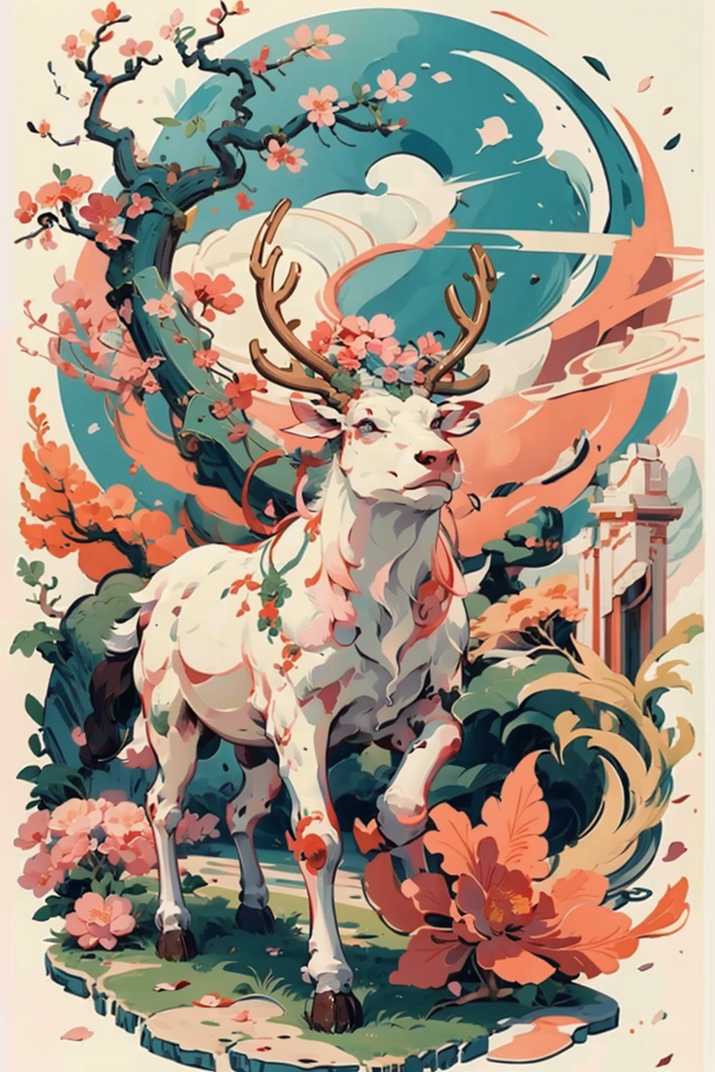((masterpiece)), best quality, perfect anatomy,8K wallpaper,mChinaChic, no humans, closed mouth, solo, sacred deer,  huge antlers, full body, slender, lift up front hooves, pink flower, white and pink fur, leaf, animal focus, branch, tree, broken jade bracelet, smoke, petal<lora:mChinaChic_v1:0.8>