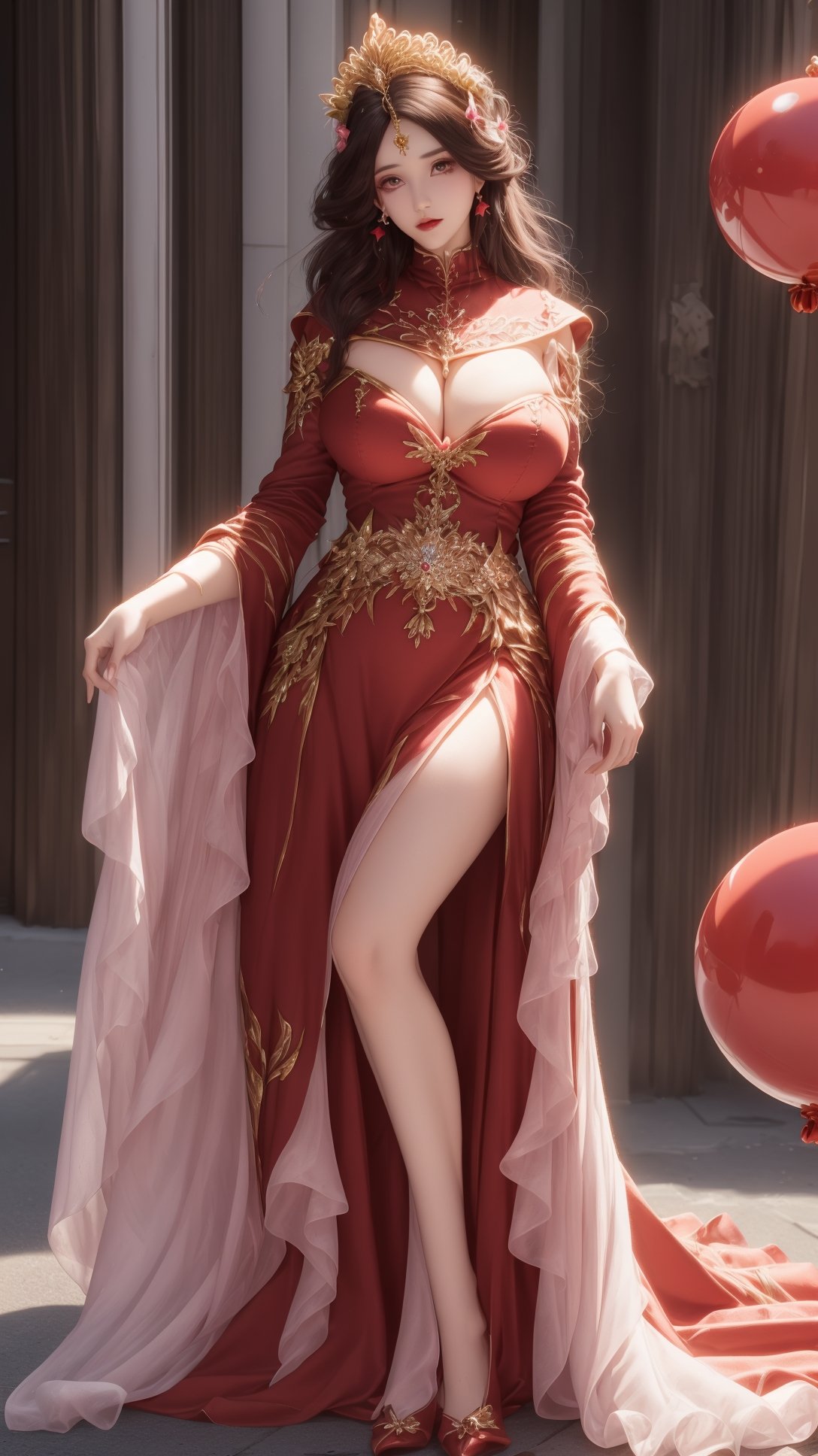 (1girl),smooth chin,masterpiece,detailed face,((hair ornament:1.2)),top quality,4k,make up,best quality,huge breasts,(looking at viewer),ribbon,shawl,sleeves,forehead mark,legs,on street,<lora:王者露娜一生所爱_v1.0:0.9>,hair crown,red ball hair ornament,full body,jewelry,red dress,dress lift,