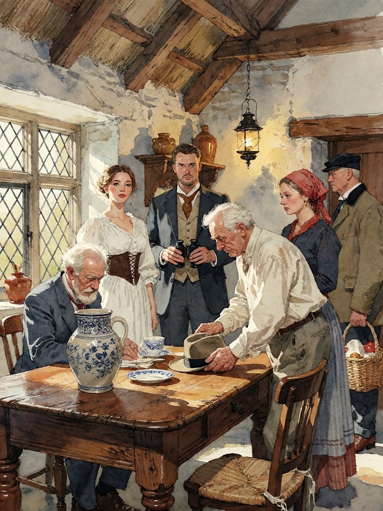 Bradhamel art style.****A painting of a rustic,  warmly lit interior scene depicting a group of seven people in period att...