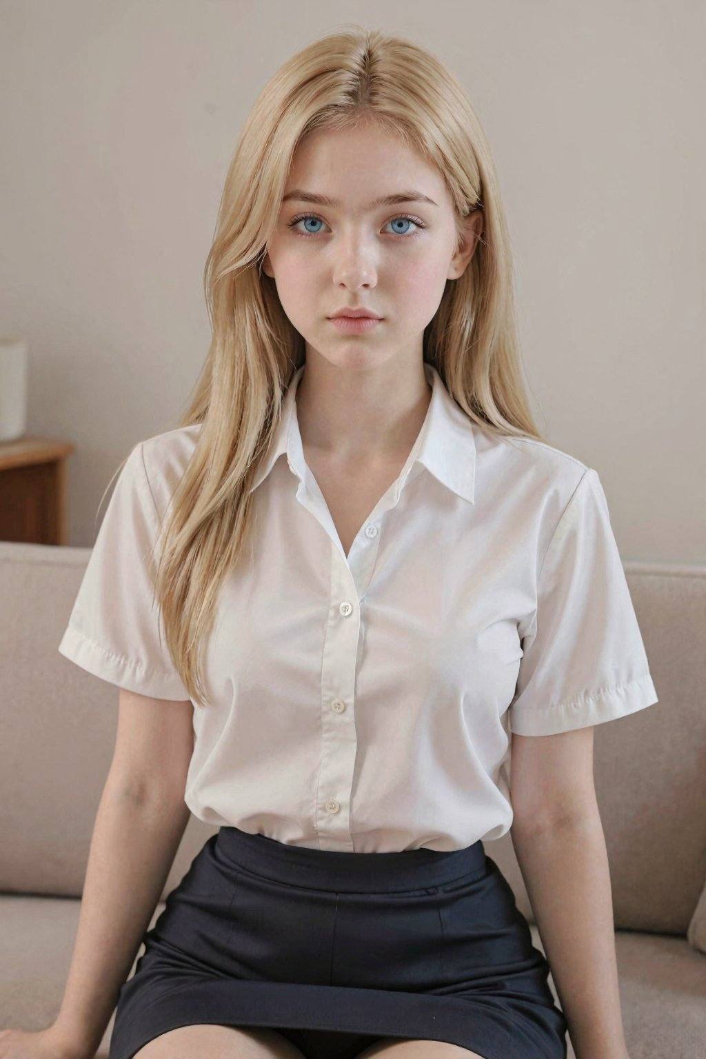 A fair-skinned young woman, likely in her late teens or early twenties, with long, straight, blonde hair that cascades down around her shoulders, framing her face. Her eyes are a striking light blue, and she gazes directly at the viewer with a neutral expression. She wears a cream-colored, short-sleeved collared shirt, unbuttoned at the top, paired with a dark navy blue skirt that reaches her knees. The shirt's fabric appears smooth, contrasting with the dark skirt's texture. The setting seems to be indoors, likely a well-lit room, possibly a minimalist design. A soft, even lighting source illuminates her face and hair. The background consists of a plain, neutral wall, a sofa, and parts of a wooden surface. The composition is a medium shot, framing her from the chest up, with the focus on her face and upper body. The atmosphere feels calm and gentle, suggesting a natural and realistic style. The overall tone leans toward a serene, somewhat dreamy quality.