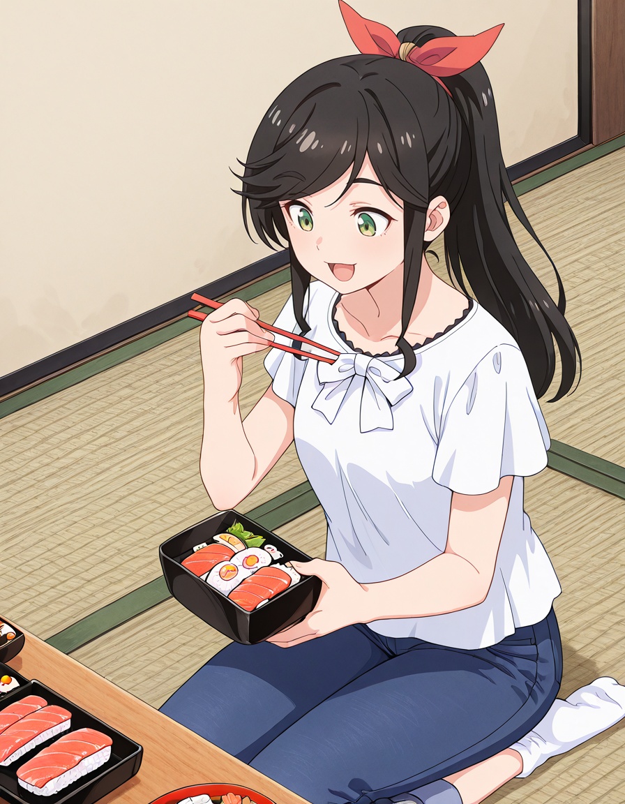 masterpiece, best quality, amazing quality, 1girl, solo, eating, tatami, food, holding chopsticks, food, open mouth, happy, sushi, looking down,<lora:wakana_kinme-kinishite_s1-v3-ixl-anime-soralz:1>, wakana kinme (kinishite), long hair, black hair, green eyes, sidelocks, high ponytail, red hair ribbon, swept bangs, low drills,outing outfit, white blouse, white bow, short sleeves, blue jeans, socks <lora:StS-Illustrious-Detail-Slider-v1.0:3>