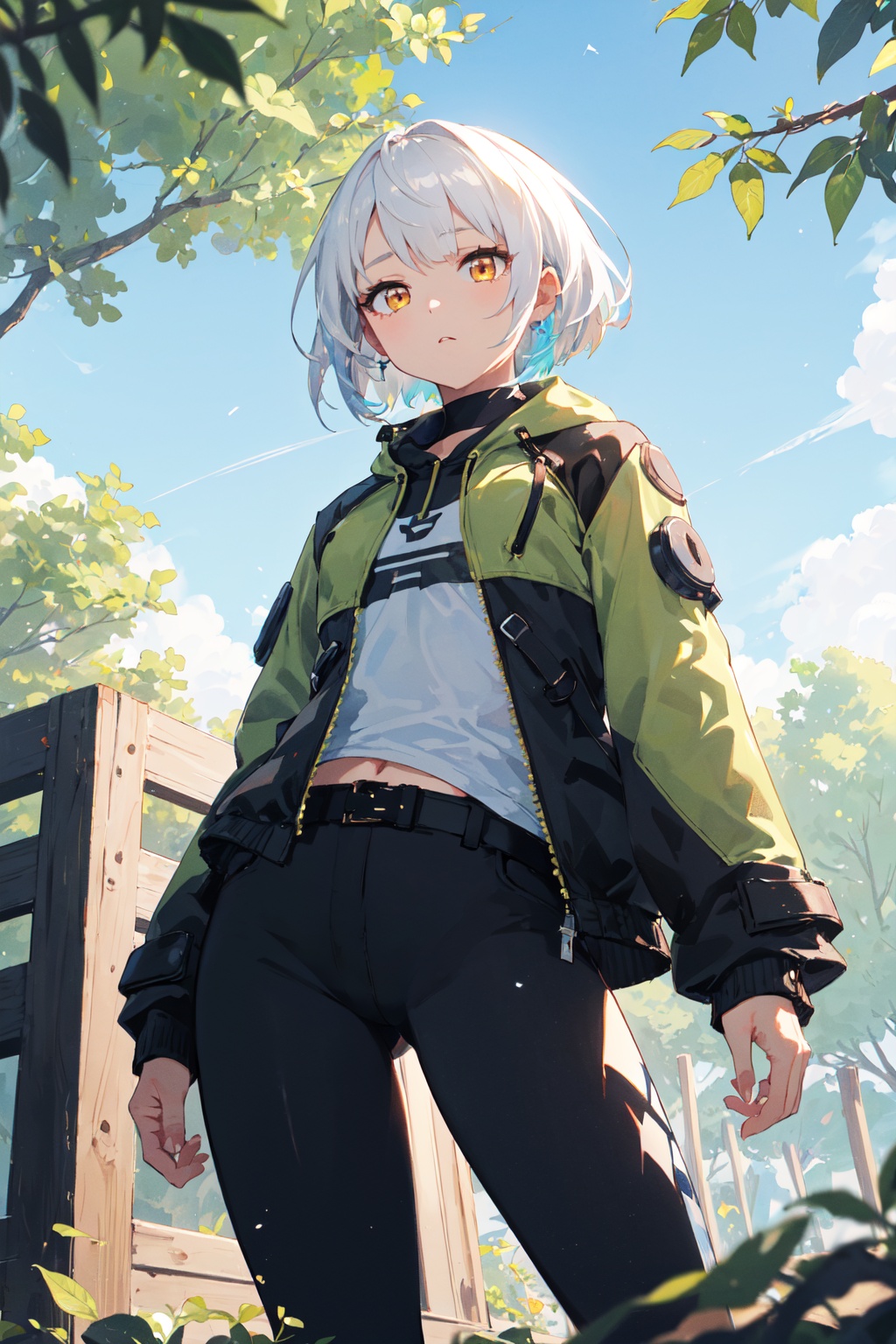<lora:Anby-000020:0.6>,Anby CYQL,1girl,looking at viewer,solo,short hair,white hair,yellow eyes,(Oversized quilted coat with a zip-up front and a high collar for added warmth:1.3),(female_orgasm:1.2),(full_shot:1.3),Tall bamboo stalks stand upright in close proximity, their leaves rustling softly in the breeze, while sunlight filters through the gaps, casting dappled shadows,beautiful detailed sky,beautiful detailed glow,posing in front of a colorful and dynamic background,masterpiece,best quality,beautiful and aesthetic,contrapposto,female focus,wallpaper,