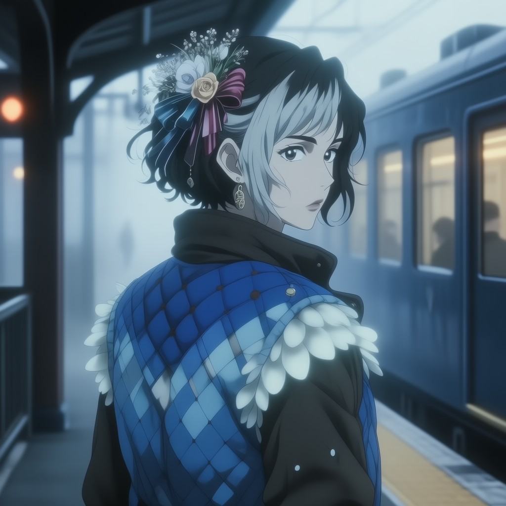 mode_OldNeoClassic_Anime,  a woman with asymmetrical bob,  colored in charcoal with silver streaks on Tensor.Art