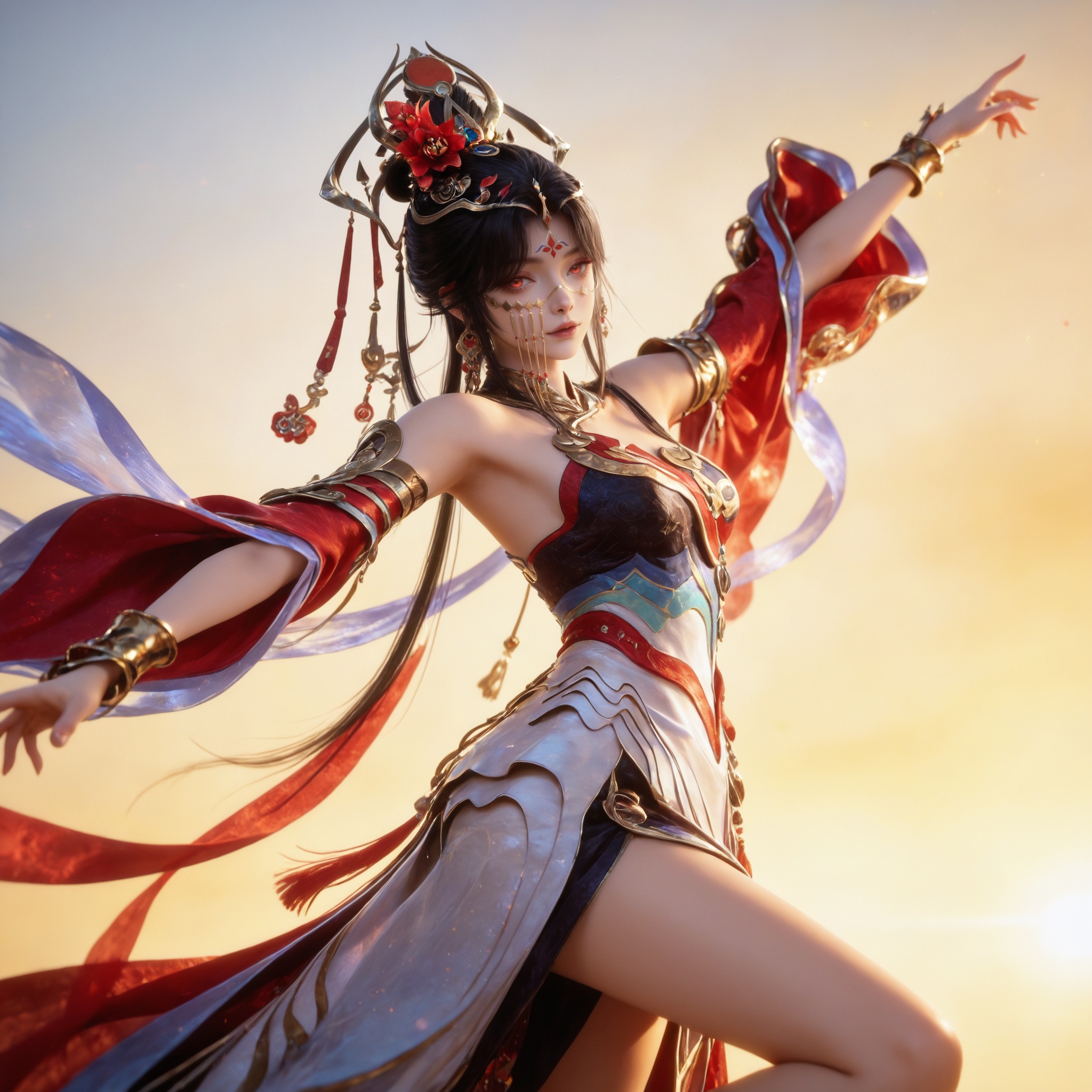 <lora:王者-貂蝉-马年限定IL:0.7> 1girl, black hair, hair ornament, jewelry, long hair, forehead mark, bare shoulders, red eyes, dress, chinese clothes, detached sleeves, hair rings,bare legs,barefoot,, realistic style photo,outstanding style,Use soft lighting to cast gentle shadows on the subject,adding a touch of dimension to your images without compromising details,whirls of vapor,(Anime:1.1),soft neon light,ethereal ambiance,delicate details,magical atmosphere,concept art,highly detailed,ultra-high resolution,32K UHD,sharp focus,best-quality,masterpiece,golden hour,unconventional supreme masterpiece,masterful details,temperate atmosphere,with a high-end texture,in the style of fashion photography,magazine style,Dynamic Angle,Dynamic posture,magazine style,Dynamic Angle,Dynamic posture,(cowboy_shot:1.2),eye trail,depth of field,cinematic lighting,lens flare,close-up,extreme aesthetic,(wlop:0.6),(honjou raita,lack,rella,wanke:0.5),masterpiece,best quality,good quality,newest,year 2025,very aesthetic,absurdres,Visual impact,A shot with tension,ultra-high resolution,32K UHD,sharp focus,best-quality,masterpiece,Emotionalization,unconventional supreme masterpiece,masterful details,temperate atmosphere,with a high-end texture,in the style of fashion photography,(Visual impact:1.2),giving the poster a dynamic and visually striking appearance,, realistic style,white background,upper body,looking at viewer,dynamic posture,