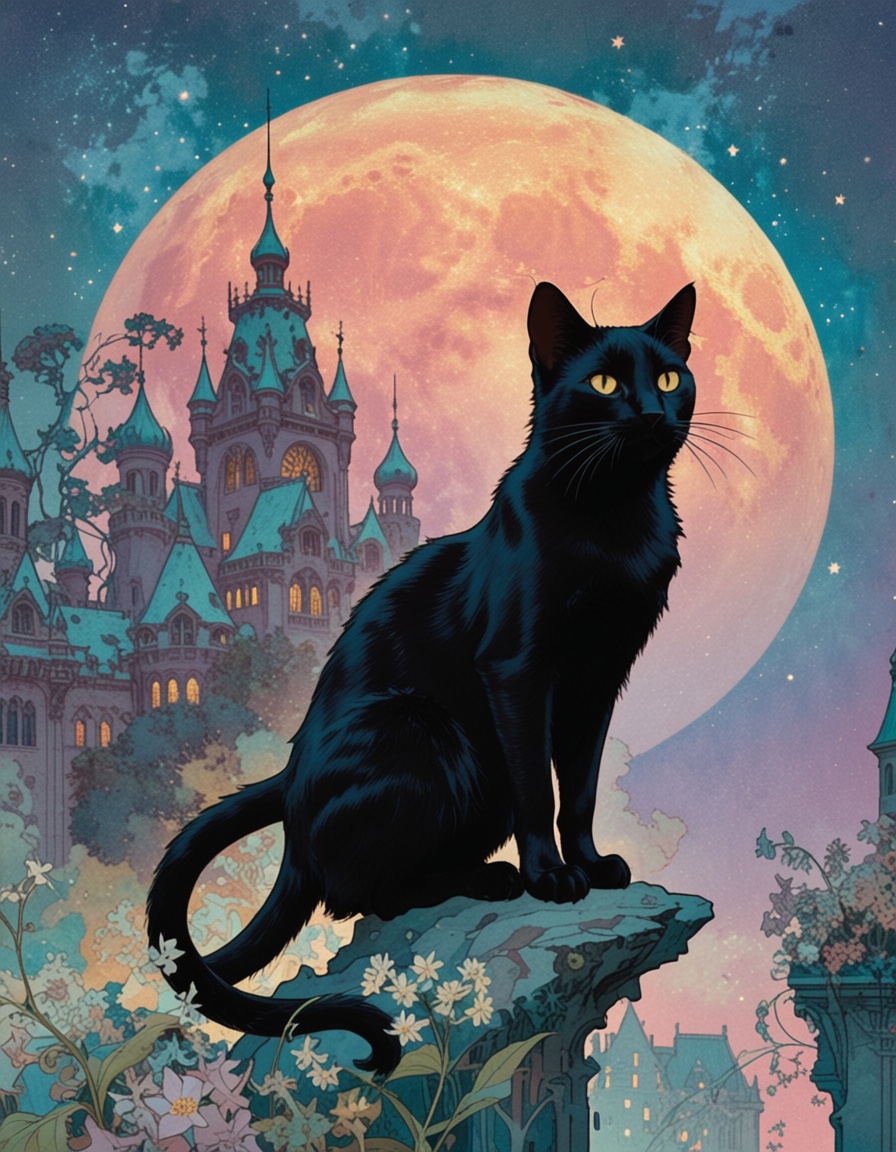 one black cat,  in Alphonse Mucha poster style|masterpiece|Black American domestic cat|against a composition |art nouveau,...