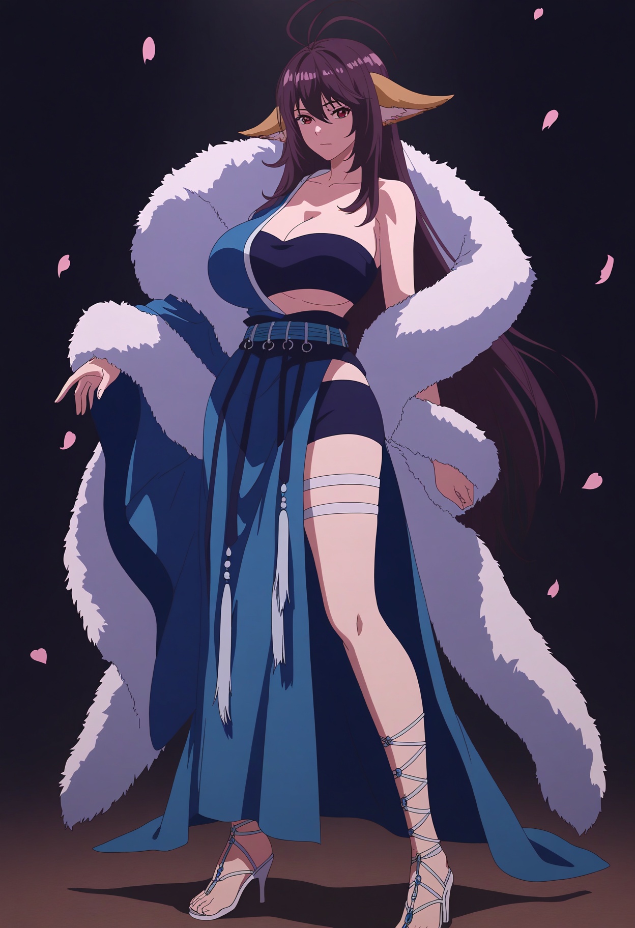 (full_body:1.1),standing posture,(gigantic breasts:0.6),(slender:1.3),(looking_at_viewer:1.1),(masterpiece:1.1),(best quality:1.2),(intricate details),(smog:1.3),(Dark room:1.3),(dim lighting:1.3),peach blossom,falling petals,<lora:YQ_Illustrious光辉二次元国漫V1_tushanyaya_lanyi_V1:0.8>,1girl,q1528437228,solo,long hair,animal ears,black hair,purple hair,dress,fur trim,red eyes,purple eyes,brown hair,ahoge,blue dress,thigh strap,antenna hair,black eyes,fox ears,very long hair,high heels,sandals,brown eyes,long sleeves,asymmetrical clothes,belt,jewelry,sash,earrings,off shoulder,tube top,wide sleeves,bra,white footwear,shorts,strappy heels,dog ears,bandaged leg,gladiator sandals,masterpiece,(best quality),(intricate details:0.9) BREAK (intricate details:0.9),(realistic skin:1.2),masterpiece,best quality,newest,absurdres,hiahres,