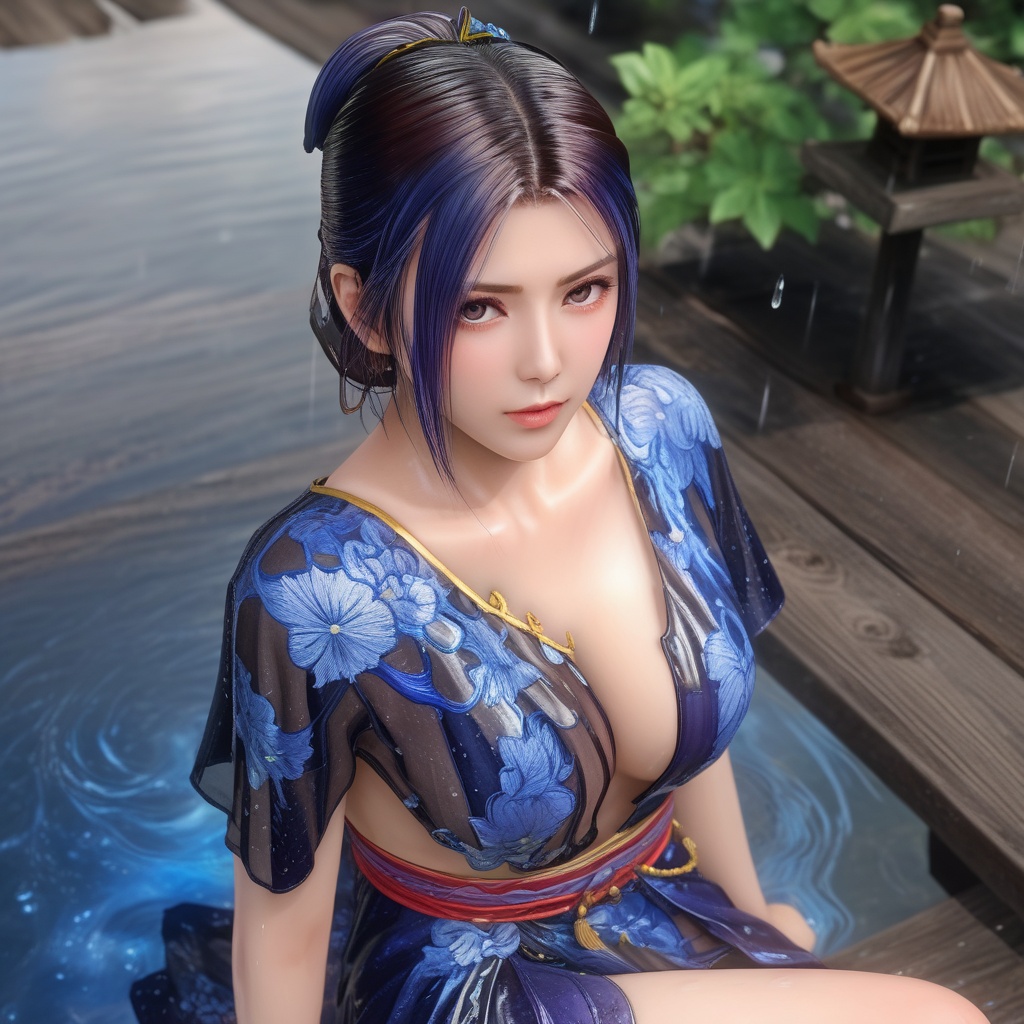 <lora:847-DA-XL-死或生-Elise-BirthdaySuit-20220903:0.8>, (,1girl, ,best quality, ),,  ,(Highest picture quality), (Master's work), , (ultra-detailed), the portrait is centered, 1girl, raiden shogun, nsfw, (wet clothes), blush, bare hips, (sheer shirt), (from above:1.7), (translucent dress), water drop, (rain), (outdoors), stained, wet hair, wet dress, wet, scenery, (long hair), nature background, close up, ((on back)), water,masterpiece, best quality, ultra high res, highly detailed, (abstract expressionism art:1.4), [girl | fire ghost:10], love,, dark rainbow theme, colorful, visually stunning, beautiful, gorgeous, emotional, intricate, perferct shading, rainbow hair,(sit),  ,(cleavage),,