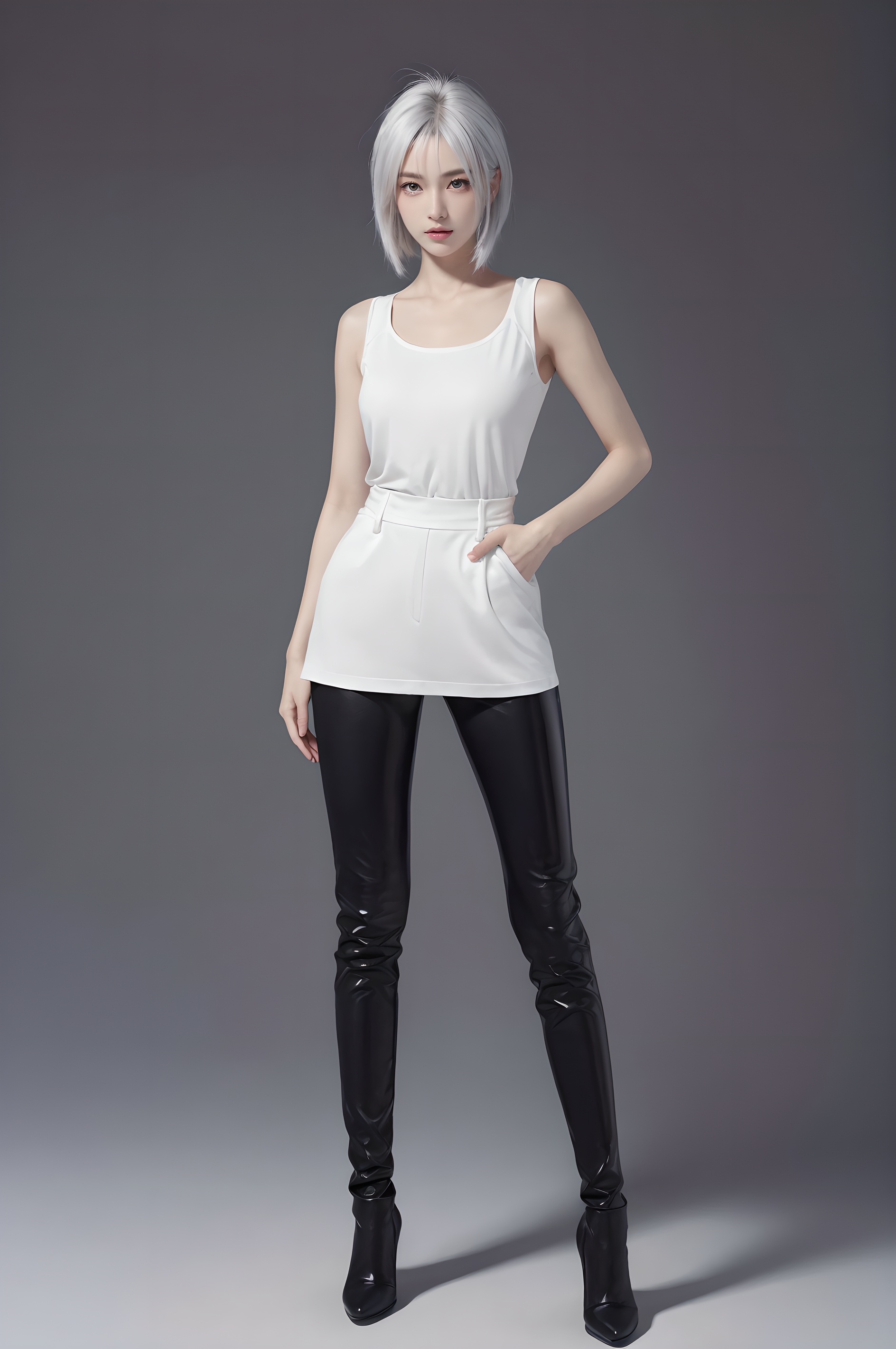 masterpiece,high quality,best quality),(colorful),(delicate eyes and face),volumatic light,ray tracing,extremely detailed CG unity 8k wallpaper,(ahoge:1.3),best quality,official art,(((light from the sky))),floating hair,light shines on hair,whultra-detailed,(((extremely detailed cg 8k wallpaper))),(crystalstexture skin:1.4),(extremely delicate and beautiful),(white skin),looking_at_viewer,kinghere fensejiaren,,realistic,anime artwork pixar,3d style,toon,masterpiece,best quality,good shine,OC rendering,best quality,4K,super detail,1girl,((full body)),looking at viewer,standing,shiny_skin,fair_skin,Celine leather trousers with a high waist and tapered leg,light oyster white hair,gyaru,absolute_territory,tight,spandex,shoes,kneehighs,glamor,dormitory,light grey background,clean background,straight_hair,hime cut, . anime style, key visual, vibrant, studio anime, highly detailed