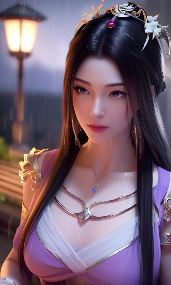 <lora:395-DA-凡人修仙传-紫灵:0.8> ,(,1girl, ,best quality, ),looking at viewer, ,ultra detailed 8k cg, ultra detailed background,  ultra realistic 8k cg, flawless,  tamari \(flawless\), professional artwork, famous artwork, cinematic lighting, cinematic bloom, (( , )),, dreamlike, unreal, science fiction,  luxury, jewelry, diamond, pearl, gem, sapphire, ruby, emerald, intricate detail, delicate pattern, charming, alluring, seductive, erotic, enchanting, hair ornament, necklace, earrings, bracelet, armlet,halo,masterpiece, (( , )),,  ,cherry blossoms,(((, night,night sky,lamppost,  ultra high res, (photorealistic:1.4), raw photo, 1girl, , rain, sweat, ,wet, )))(( , ))   (()), (), , jewelry, necklace, solo, , , , hair_ornament, , earrings,large breasts,,  , ,