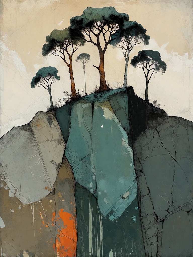 Bradhamel art style.**** A vertical cliff face with a distinct,  jagged edge at the top where five tall,  slender trees wi...