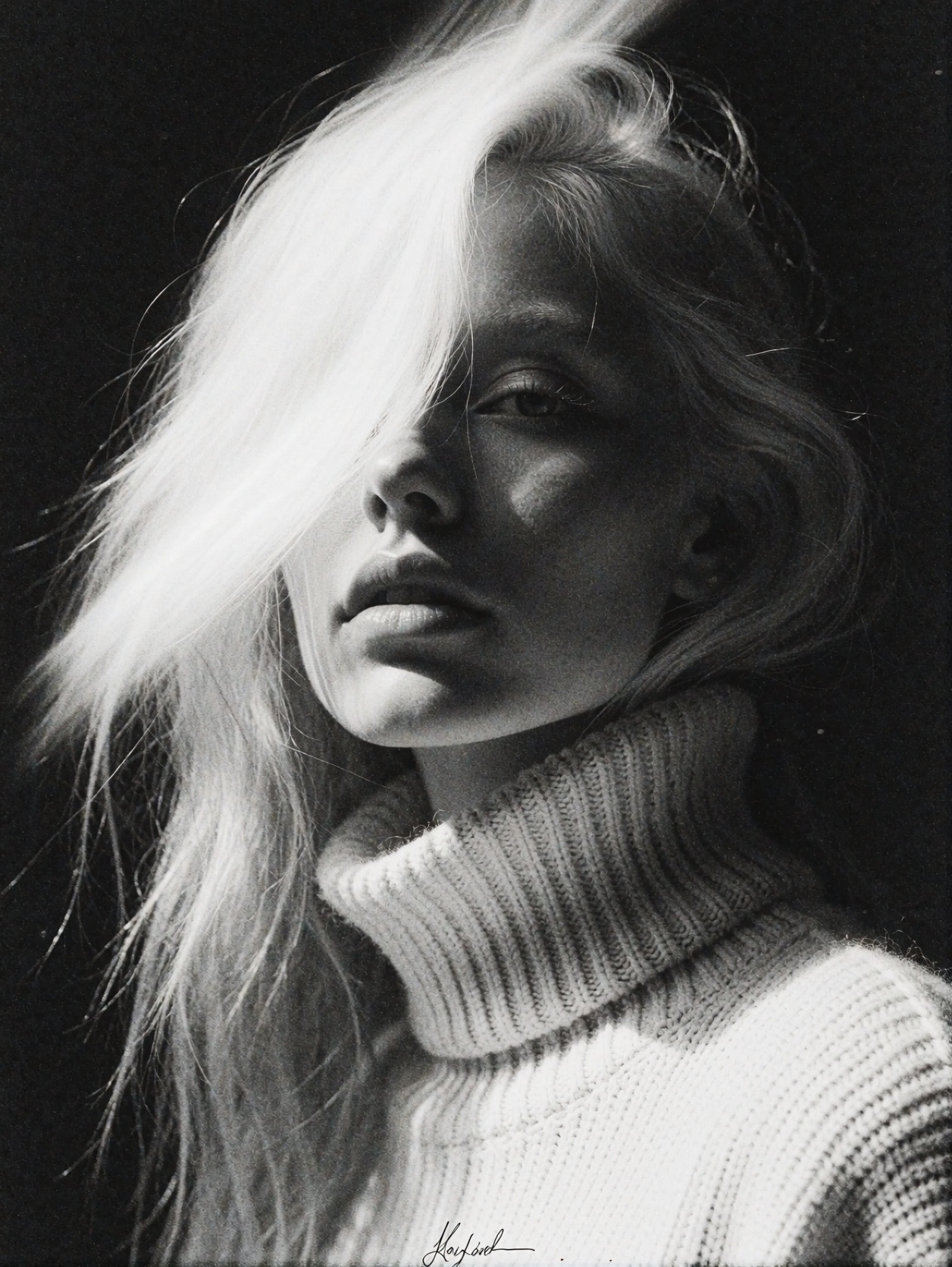 This is a black-and-white,  high-contrast photograph with a surreal,  ethereal quality. The subject is a young woman with...