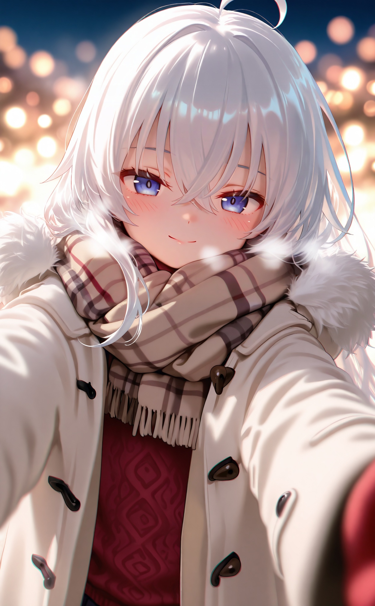 masterpiece,absurdres,best quality,high quality,chromatic_aberration,loli,petite,//,1girl, scarf, meme, ahoge, coat, white coat, looking at viewer, blue eyes, solo, blurry background, blurry, brown scarf, fur trim, winter clothes, white hair, duffel coat, hair between eyes, plaid scarf, fur-trimmed coat, reaching towards viewer, pov, blush, elaina (majo no tabitabi), smile, open coat, reaching, long hair, closed mouth, winter coat, gloves, red gloves, mittens, red scarf, open clothes, breath, upper body, red sweater, crossed bangs, plaid, red shirt, bokeh, depth of field, sidelocks, red mittens//,//,<lora:nyalia——【CKXL测试】hans:1>,