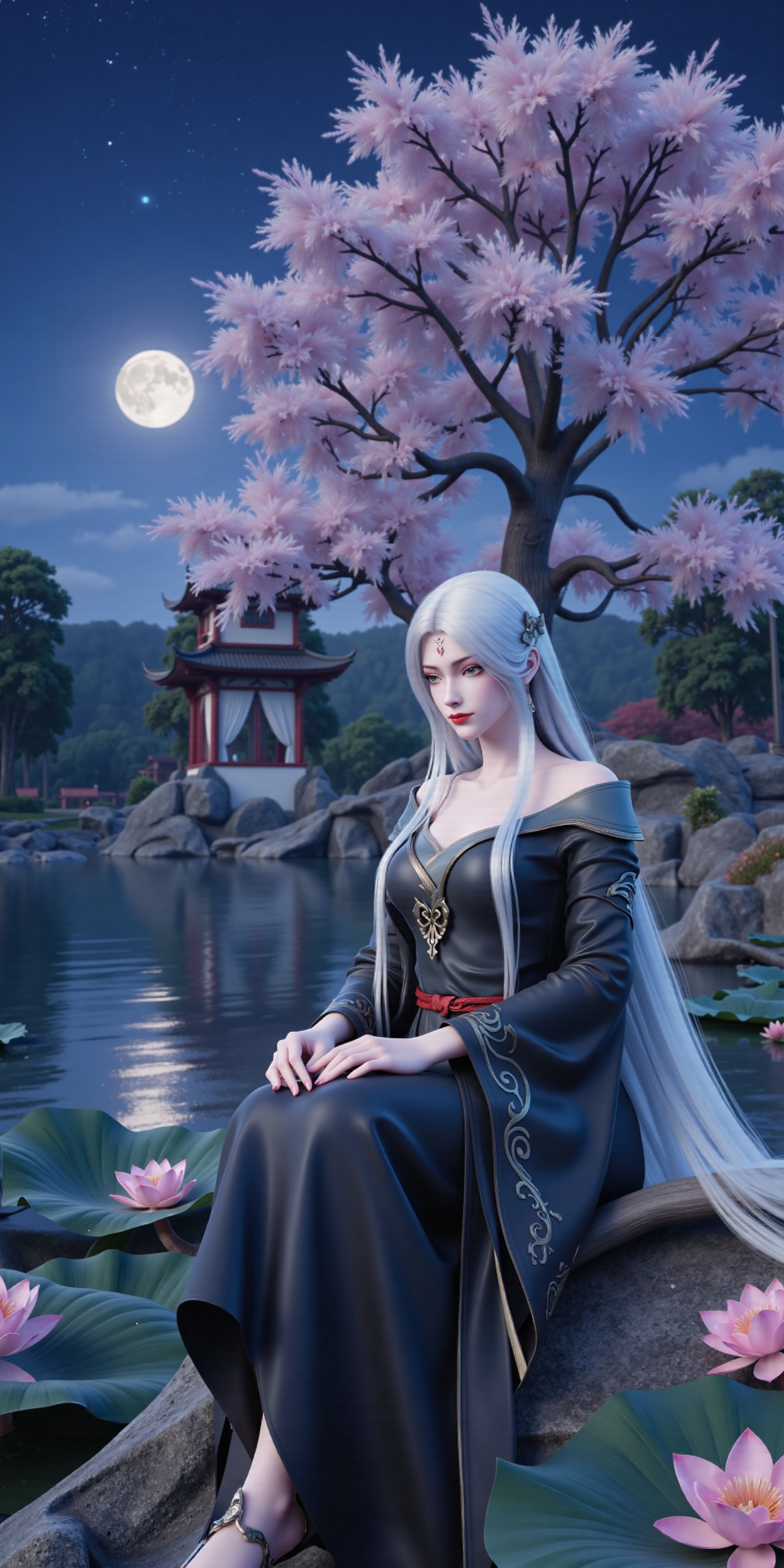 xiaobai,flowers,huge flowers,parks,meadows,1girl,solo,long hair,breasts,green eyes,collarbone,white hair,makeup,facial mark,lipstick,black robe,forehead mark,serafuku,dress,long sleeves,aqua eyes,bare shoulders,red lips,wide sleeves,silver hair,eyeshadow,off shoulder,(Full-body:1.4),Long skirts,cloth shoes,(Sitting:1.4),Dynamic angles,dynamic poses,The palace,the ancient buildings,scenery,architecture,lantern,east asian architecture,paper lantern,(Big tree:1.2),1girl,solo,long hair,black hair,hair ornament,dress,jewelry,sitting,closed mouth,full body,flower,water,night,chinese clothes,looking down,moon,cherry blossoms,night sky,full moon,branch,ripples,lotus,