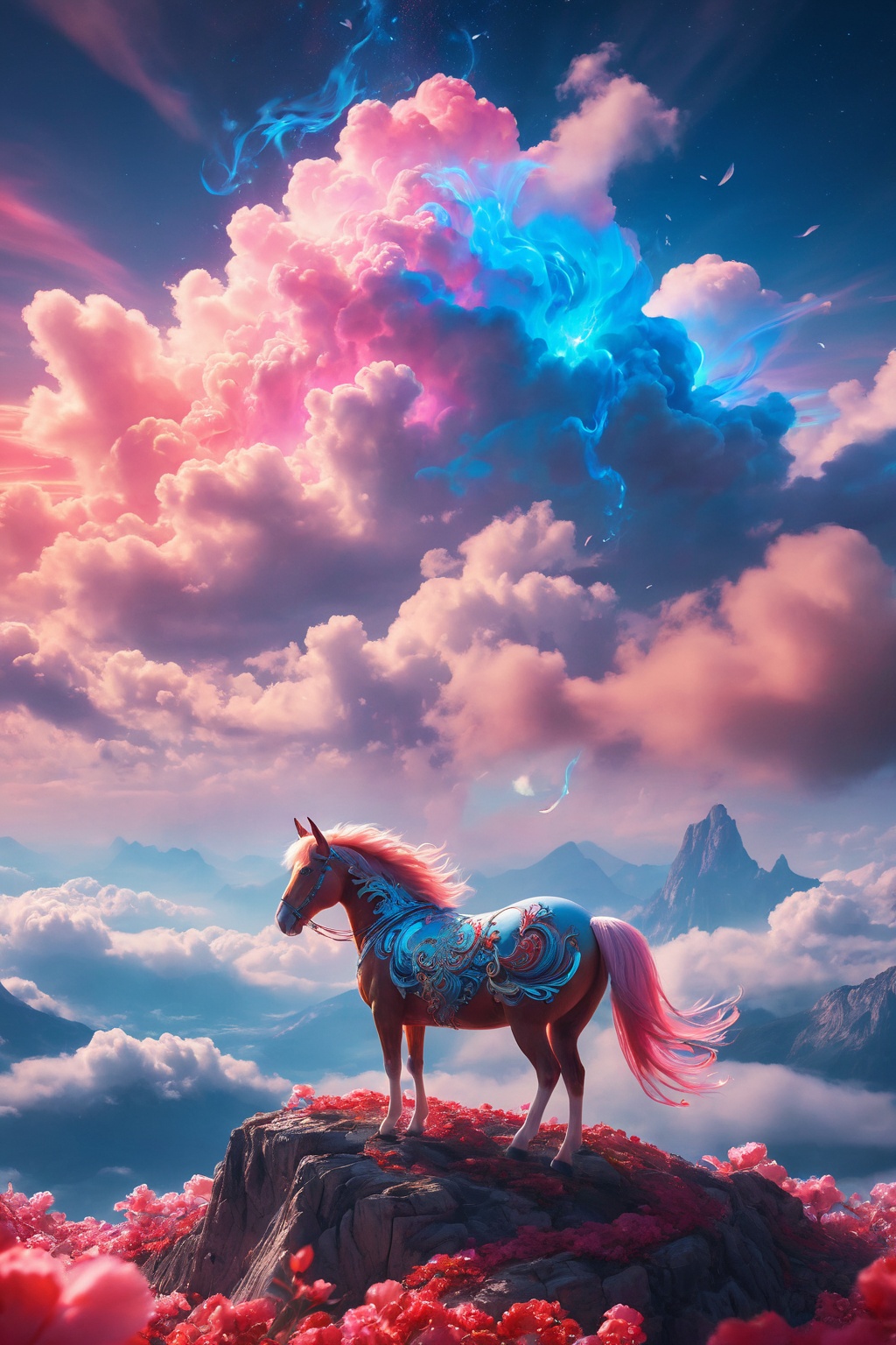 Peki,Chinese style,high detail,high resolution,masterpiece,best quality,HD,8K,16K,Surrealism Dream Style,glowing neon color,best quality,masterpiece,highly detailed,ultra-high resolutions,a red rabbit horse in sky,night,pink and blue lights on them,clouds,glowing smoking,Petals,wind,fantasy,psychedelic colors,Flowing light,dazzling light,