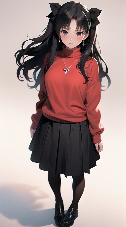 (best quality), ((masterpiece)), (highres), illustration, original, extremely detailed,1girl, solo, tohsaka rin, long hair, skirt, pantyhose, jewelry, long sleeves, black skirt, full body, breasts, black hair, white background, two side up, red sweater, earrings, hair bow, looking at viewer, pleated skirt, black footwear, blush, bow, simple background, sweater, bangs, shoes, closed mouth, black pantyhose, red shirt, medium breasts, standing, necklace