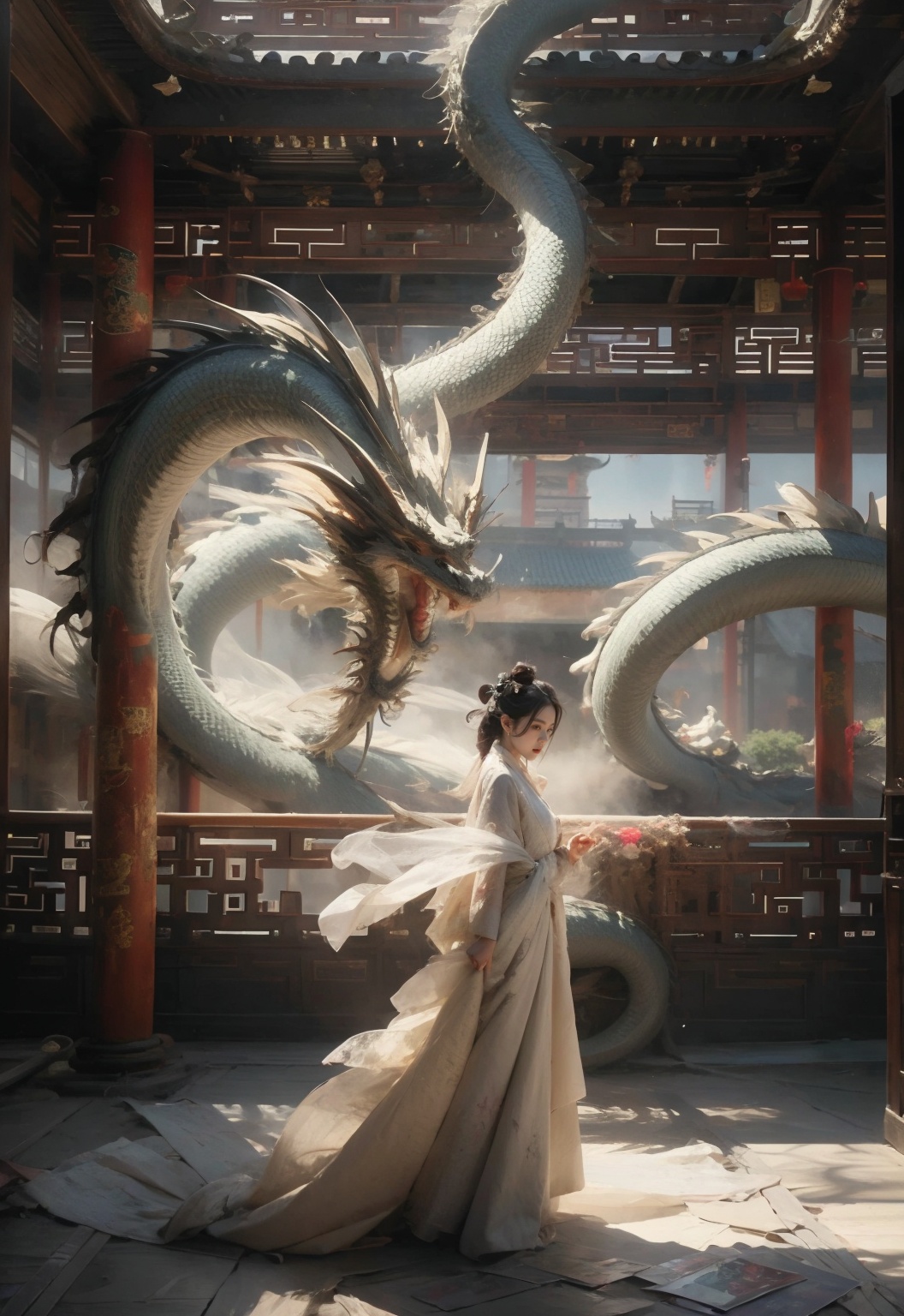 (masterpiece:1.2),best quality,highres,extremely detailed CG,perfect lighting,8k wallpaper,Illustration,ink wash painting,1girl,chinese_clothes,cloud and fog,dragon,<lora:003:0.5>,