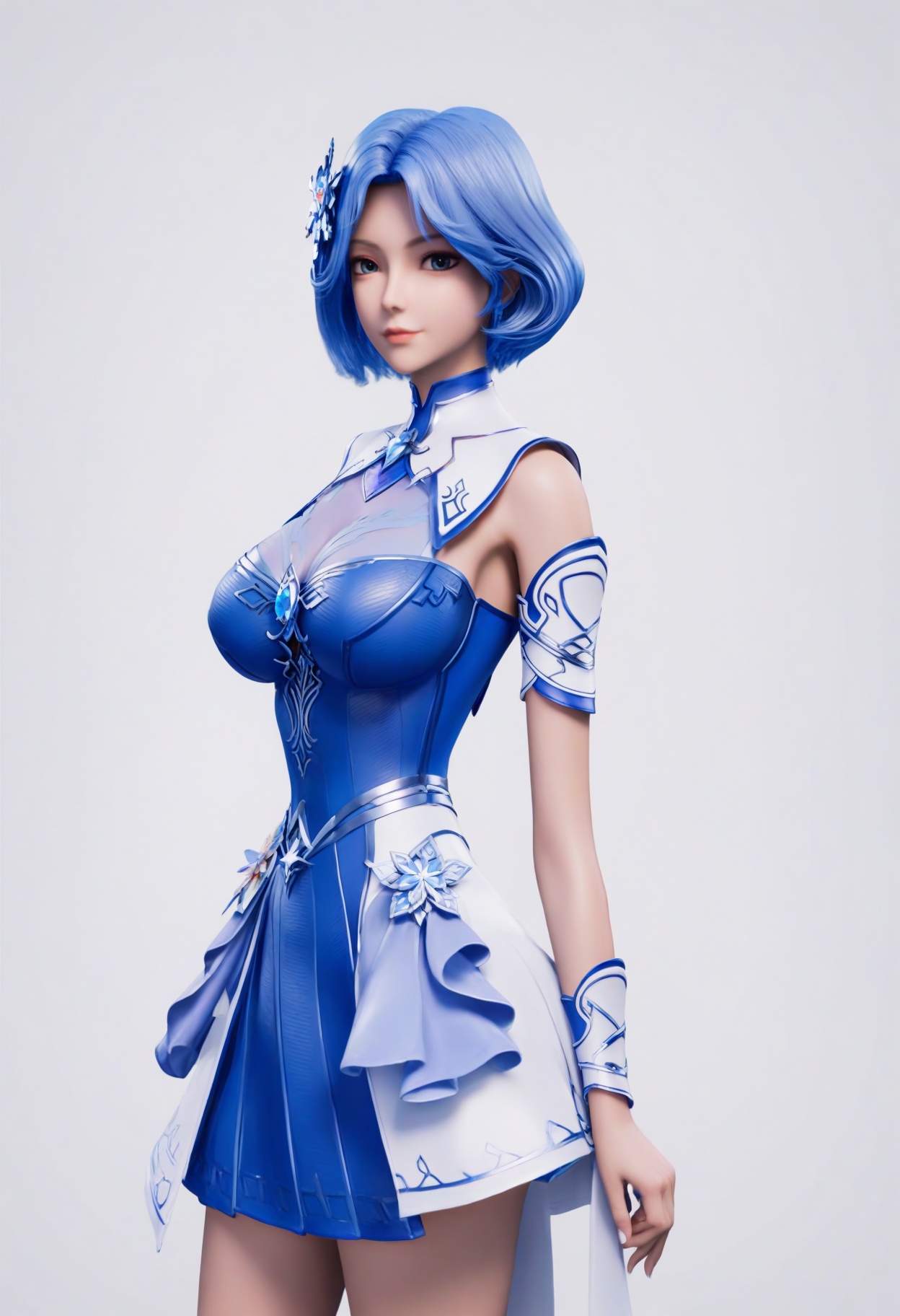 score_9,<lora:SF_LinJiaLu_Pony_Realism2.3-000003:0.7>,1girl,solo,hair ornament,short hair,large breasts,blue hair, dress,standing,looking at viewer,white background,simple background,