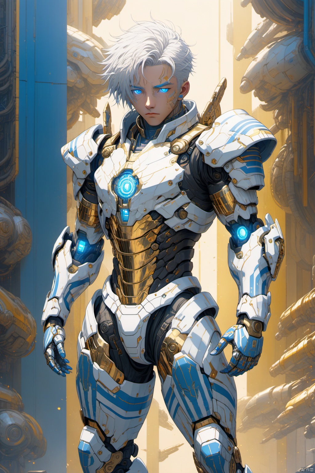 Pretty boy, sunny outgoing, white hair, future battle suit, gold plated, electroplated paint, future mechanical armor, sci-fi background Cyberpunk, 3D, anime style, blue stripes, full body<lora:EMS-94469-EMS:0.800000>, <lora:EMS-263250-EMS:0.100000>