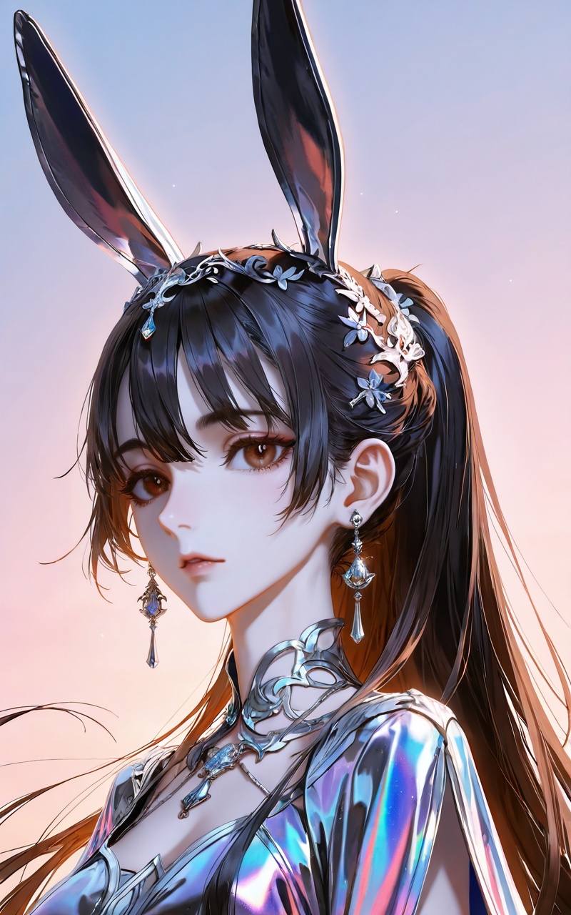 <lora:小舞ill-0.0793:0.6>,xiaowu,1girl,solo,hair ornament,long hair,looking at viewer,rabbit ear headwear,ponytail,brown hair,brown eyes,black hair,jewelry,earrings,portrait,close-up details,outstanding style,adding a touch of dimension to your images without compromising details,whirls of vapor,iridescent textures,(Anime:1.1),ethereal ambiance,delicate details,magical high-concept,32K UHD,sharp focus,best-quality,masterpiece,golden hour,unconventional supreme masterpiece,masterful details,temperate atmosphere,with a high-end texture,in the style of fashion photography,photography,cover,dynamic angle,dynamic posture,(artist:quasarcake:0.8),extreme aesthetic,(wlop:0.6),(honjou raita, lack, rella:0.5, wanke),masterpiece,best quality,good quality,very aesthetic,absurdres,visual impact,a shot with tension,ultra-high resolution,32K UHD,sharp focus,best-quality,masterpiece,emotionalization,unconventional supreme masterpiece,masterful details,temperate atmosphere,with a high-end texture,in the style of fashion photography,(visual impact:1.2),giving the poster a dynamic and visually striking appearance,impactful picture,official art,colorful,splash of color,movie perspective,masterpiece,best quality,amazing quality,very aesthetic,absurdres,best quality,newest,