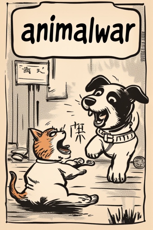 manhua,A poster with the title 'animalwar',a cat and a dog quarrelling,