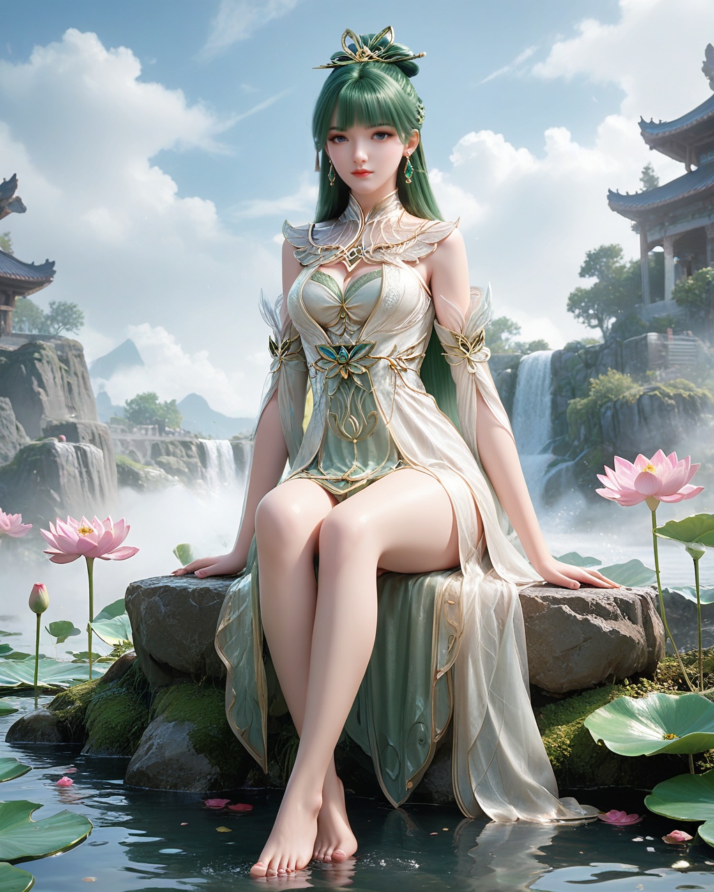 score_9,score_8_up,score_7_up,1girl,long hair,breast,medium breast,earrings,hair_ornament,dress,green hair,thick_thighs,<lora:wy_fuqu_XL7.0:0.8>,barefoot,sitting,pondel,lotus,sitting on the water,skindentation,<lora:细节B:0.5>,clear background,