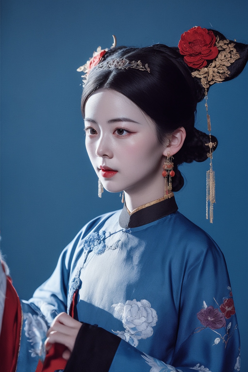 <lora:贵妃:0.8>,best quality,masterpiece,women of the qing dynasty in china,blue background,
