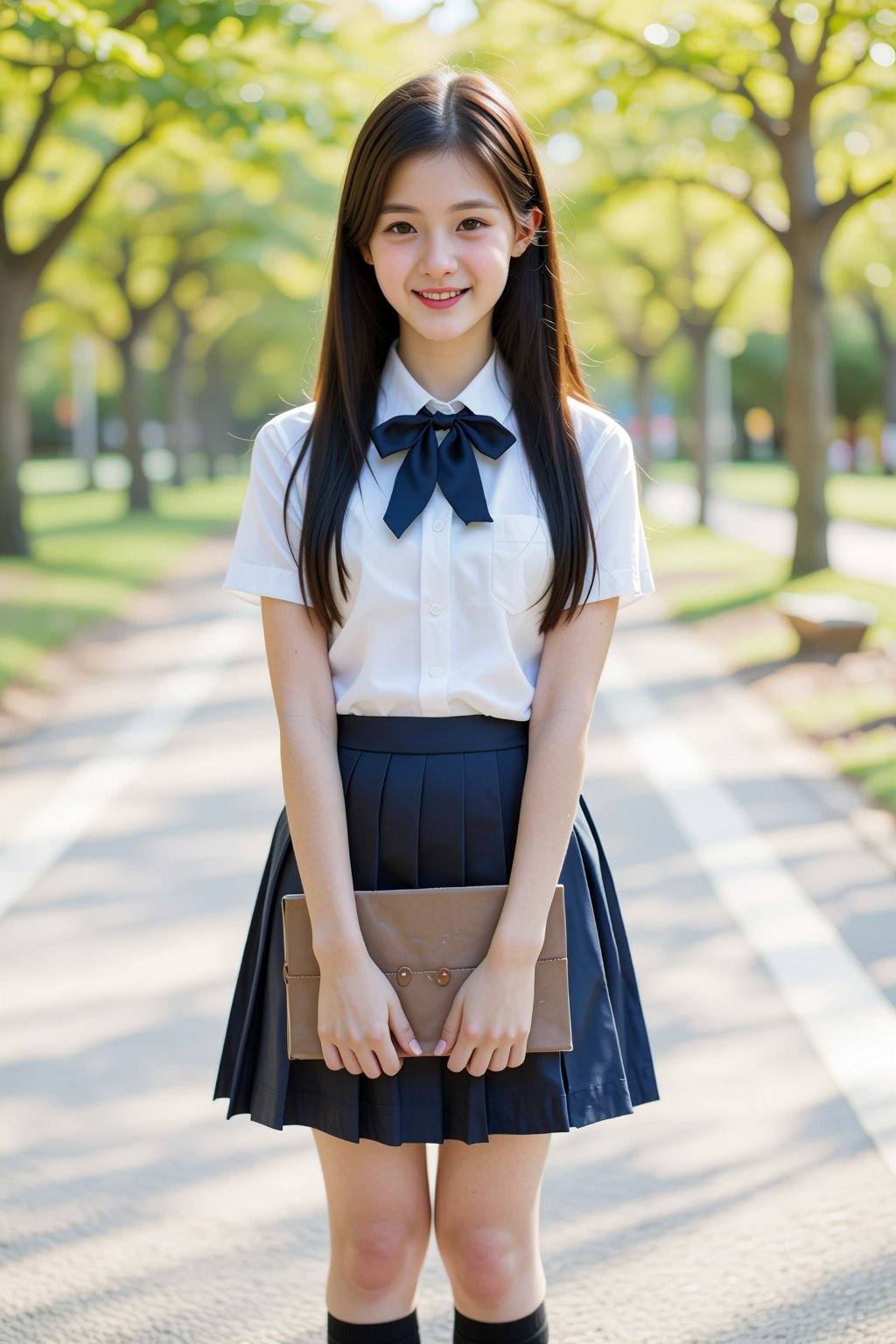 The image depicts a photograph of a young Asian woman standing on a sunlit pathway in a schoolyard. She has long,  straigh...