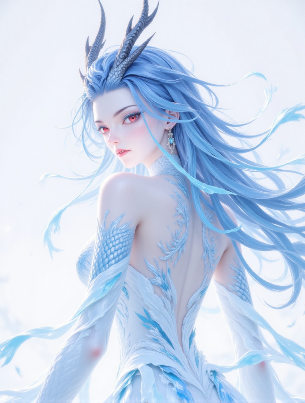 Digital Painting,ar,This image depicts a female character full of mystery and fantasy. She has long,ice-blue hair that flutters in the wind,making her look light and agile. The color of her hair seemed **** cold ice in winter,shining with a cold and clear light. There was a pair of silver-colored dragon horns on her forehead. Her eyes were red,as if they were deep flames,revealing an unspeakable mystery. This contrast between red and blue further emphasized her unique temperament and charm. This female character was wearing a transparent white costume decorated with delicate blue patterns and lines. These patterns and lines were **** flowing water waves,giving people a light and elegant feeling. The material of the costume looked light and transparent,as if it was **** up of water elements,complementing her overall image. Her back has textures similar to fish scales,which are staggered to add a sense of movement and layers. This design not only makes her image more three-dimensional and vivid,but also gives the impression that she is a mysterious creature from the deep sea. Overall,this image presents a cool-toned fantasy style. The color scheme of the image is harmonious and unified,giving people a tranquil and mysterious feeling. The image of the female character is unique and charming,which makes people can't help but indulge in this world full of fantasy and romance.,