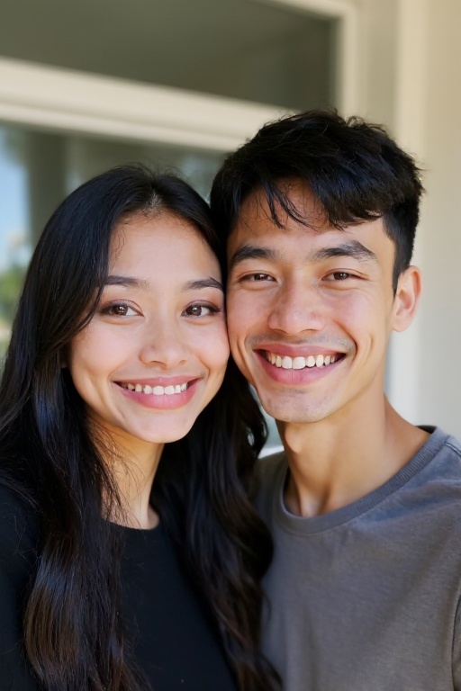 <lora:20250521_AgainMouthSizeF1Lora:2>,This is a photograph of a young couple posing for a selfie indoors. The woman, with long black hair, wears a black top. The man, with short dark hair, is in a shirt. The background is outdoors.