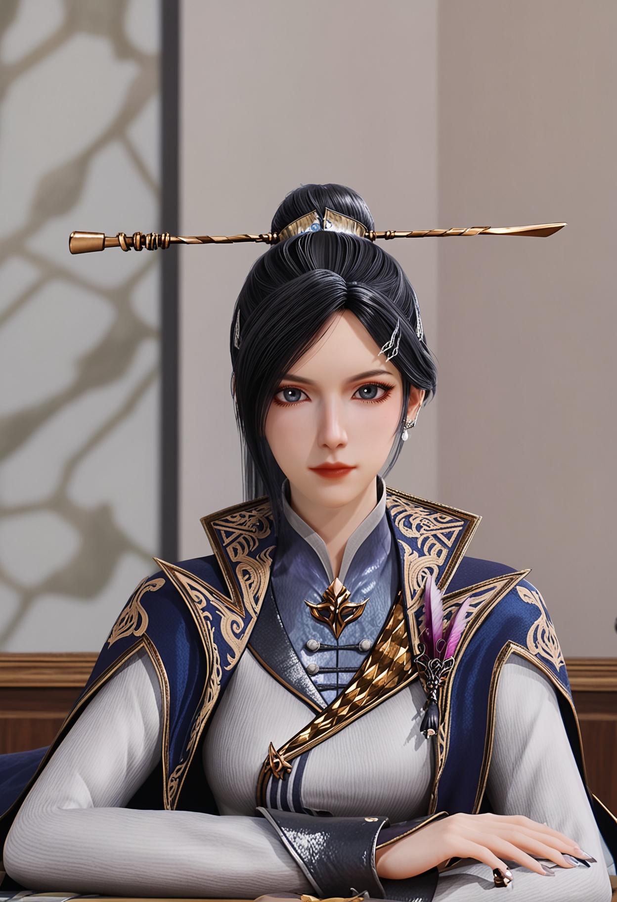 (upper_body:1.2),(looking at viewer:1.1),facing viewer,direct gaze,<lora:YQ_pony_zhouyi_V4:0.8>,q1528437228,1girl,solo,black hair,hair ornament,jewelry,long hair,earrings,ponytail,black eyes,cape,chinese clothes,long sleeves,hair bun,dress,hair stick,single hair bun,pants,blue eyes,hairclip,hairpin,short hair,black high heels,very long hair,grey eyes,