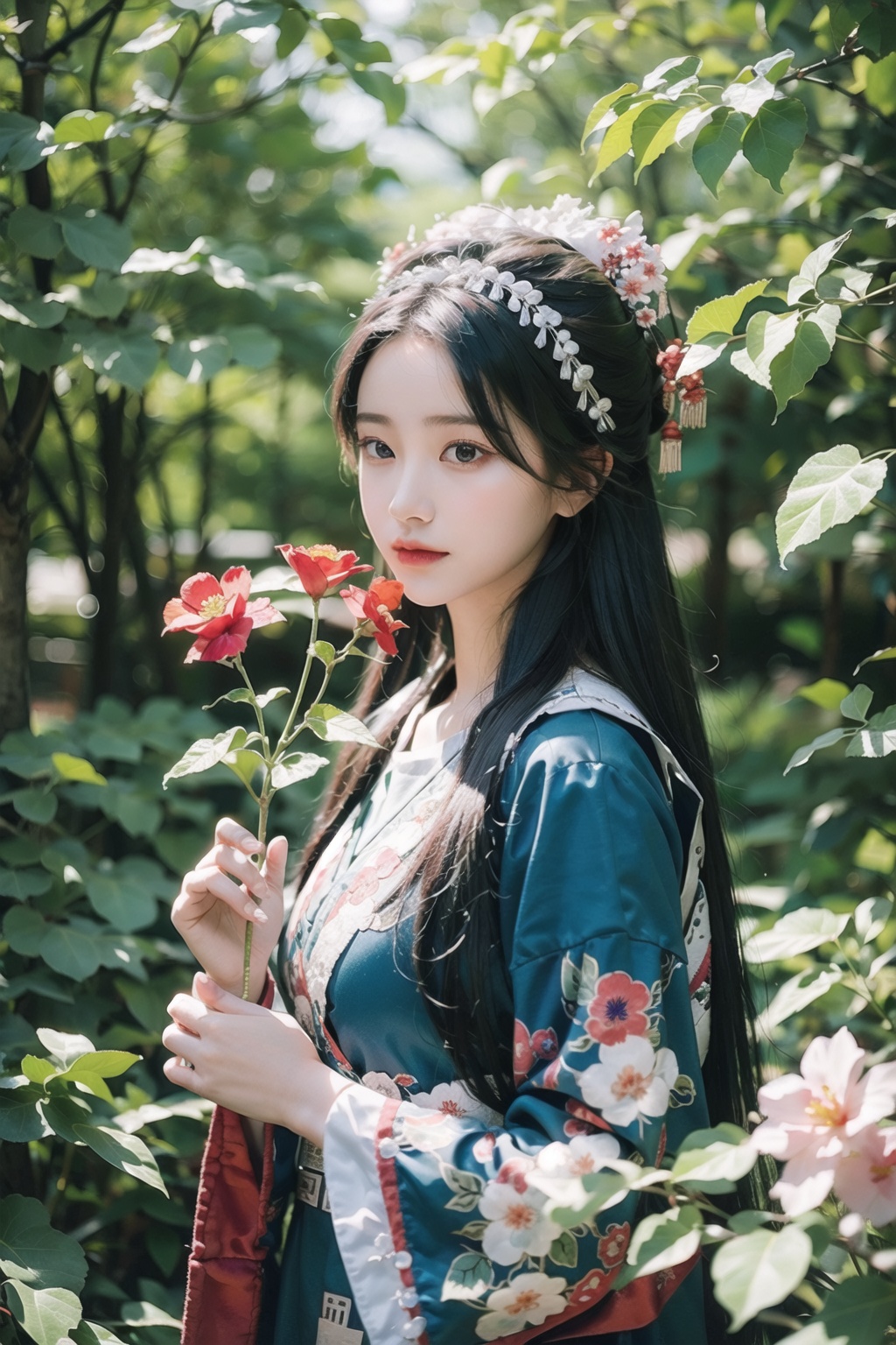 1girl, ,chinese_clothes, Outdoor, flowers, trees,
