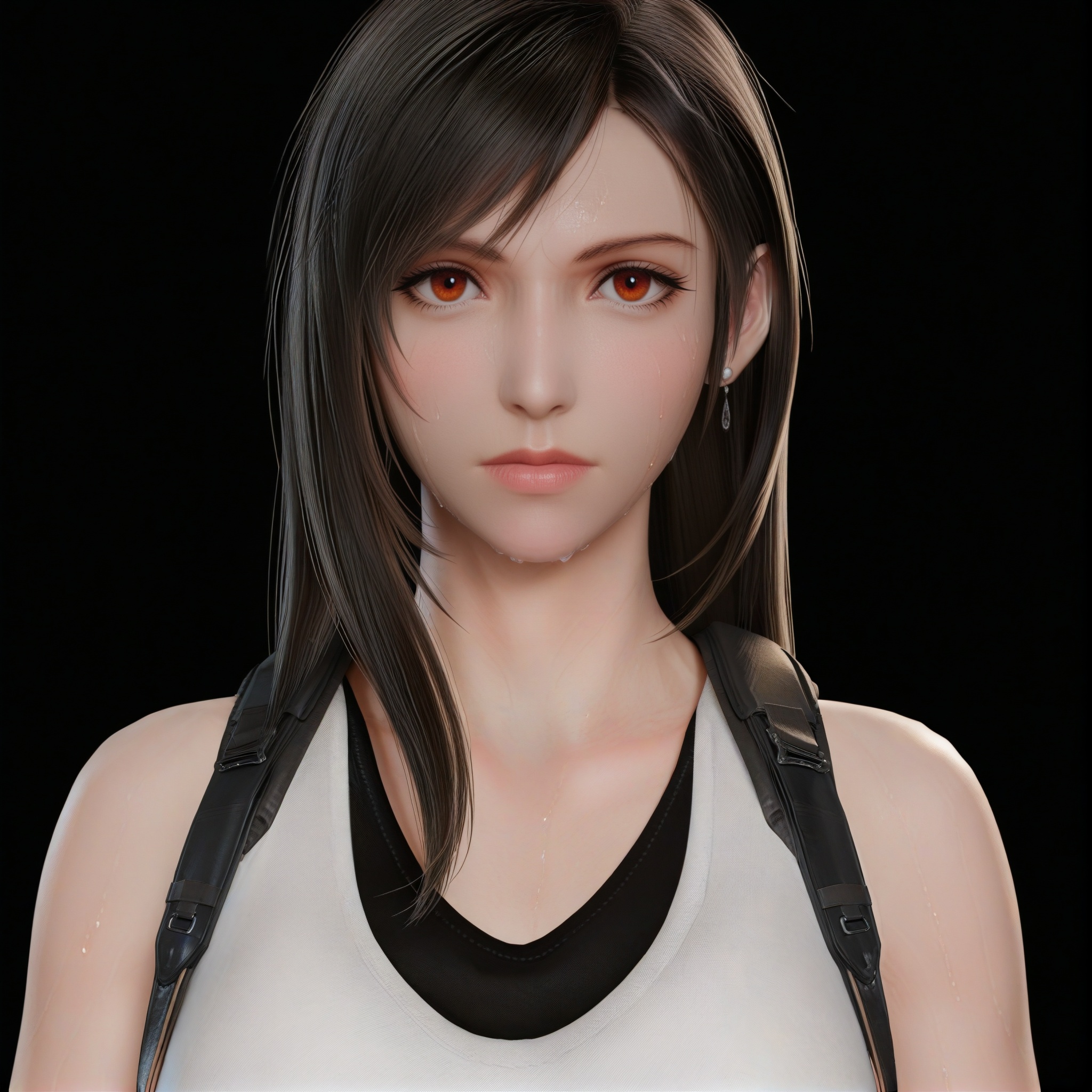 (score_9),shaded_face,jitome,upper body,collarbone,(glamor:1.1),narrow waist,<lora:Tifa_ill:0.85>,1girl,solo,tifa lockhart,long hair,black hair,amber eyes,red eyes,(white_skin),(sweaty skin),(very sweaty),(pale_skin),(fair_skin),shiny wet,warm soft,high detail,soft pastel lighting,aesthetically pleasing,simple background,black background,