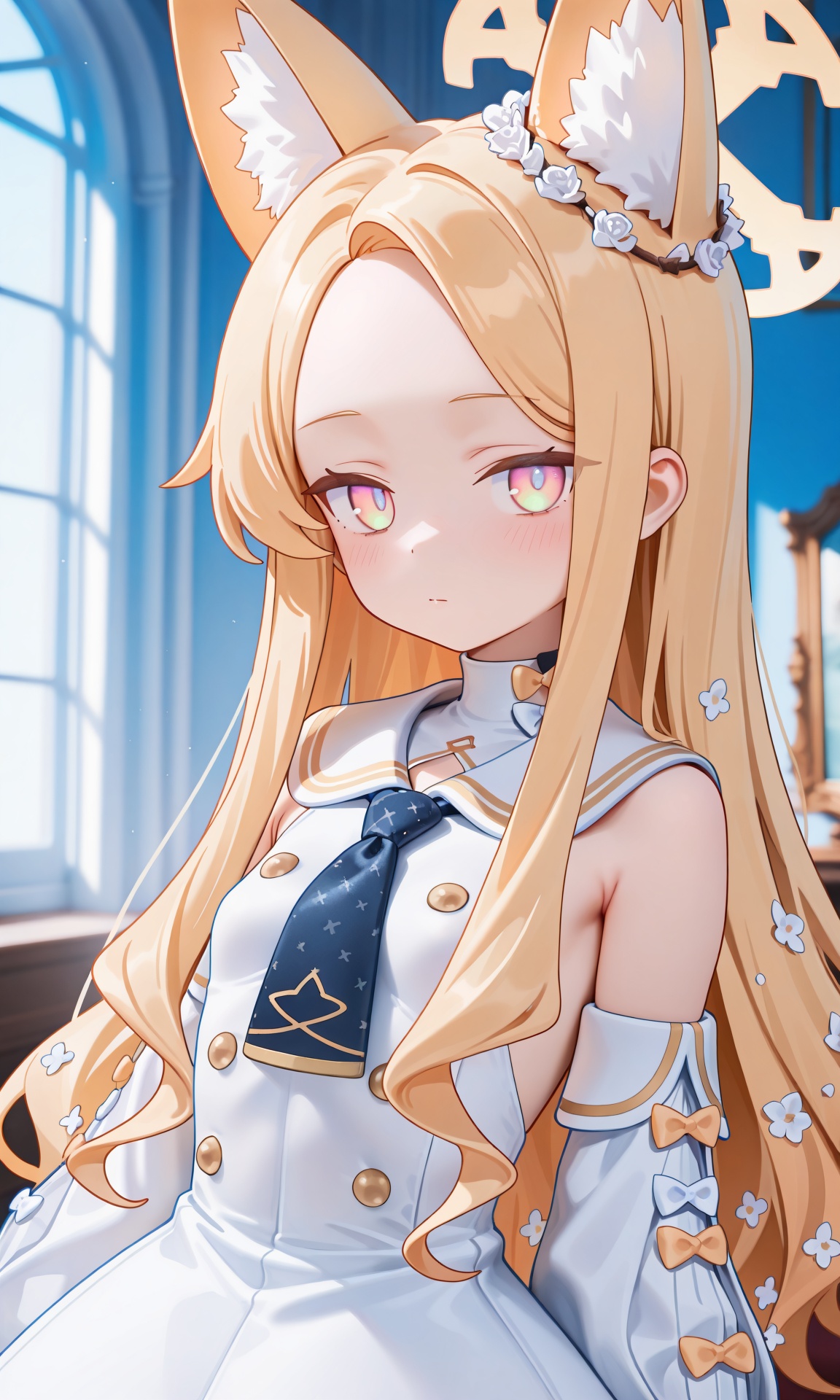 1girl, (blue archive:1.1), seia, animal ears, solo, blonde hair, halo, long hair, looking at viewer, fox ears, animal ear fluff, dress, necktie, white dress, forehead, closed mouth, hair ornament, yellow halo, upper body, hair flower, yellow eyes, blue necktie, flower, bare shoulders, sleeveless, parted bangs, indoors, extra ears, detached sleeves, multicolored eyes, sleeveless dress, amazing quality, ultra detailed, best anatomy, HDR, 8K, high detail RAW color art, high contrast, large pupil, white flower,masterpiece, best quality, newest, very aesthetic, absurdres, highres, highres, sensitive