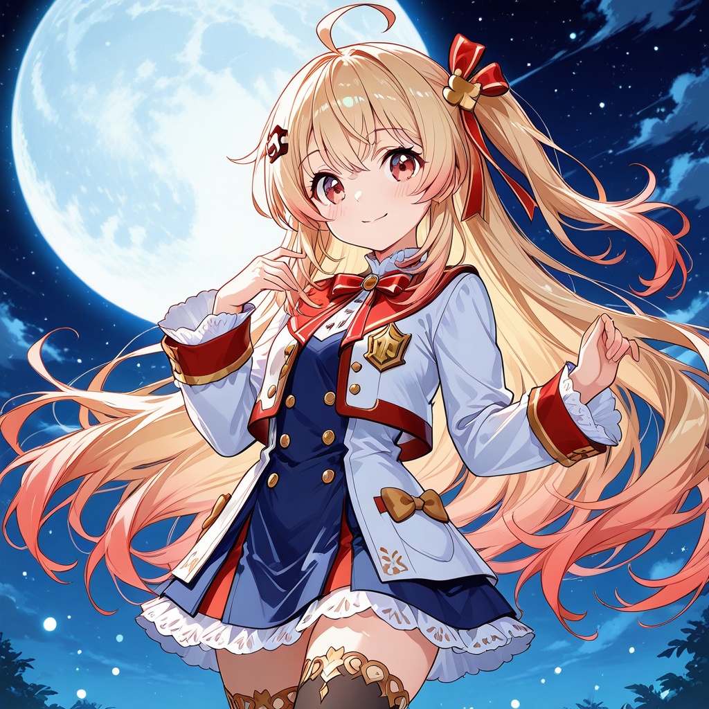 Melting,1girl, solo, thighhighs, smile, long hair, moon, blonde hair, red eyes, looking at viewer, hair ornament, black thighhighs, night, long sleeves, jacket, full moon, bangs, ribbon, one side up, dress, outdoors, multicolored hair, ahoge, red ribbon, closed mouth, bow, hands up, sky, gradient hair, floating hair, white jacket, zettai ryouiki, blush, open clothes, cowboy shot, frills, neck ribbon, short dress, buttons, standing, hair ribbon, cloud, red bow, shirt, night sky,(UHD),anatomically correct,accurate,textured skin,super detail,high details,award winning,best quality,high quality,retina,16k,HD,1080P,8k,